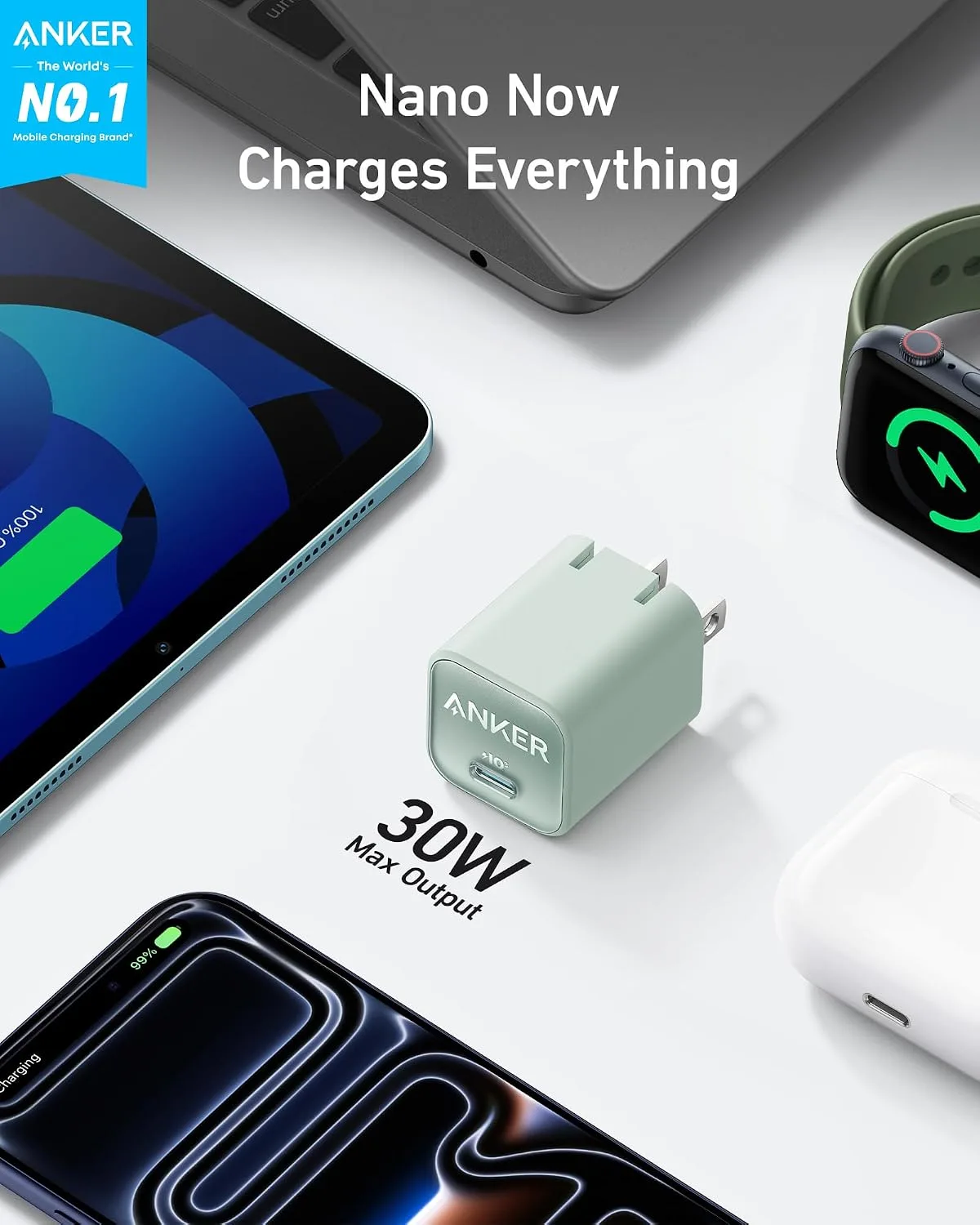Anker Nano Phone Charger, 30W Portble and Foldable USB C GaN Charger (Green)