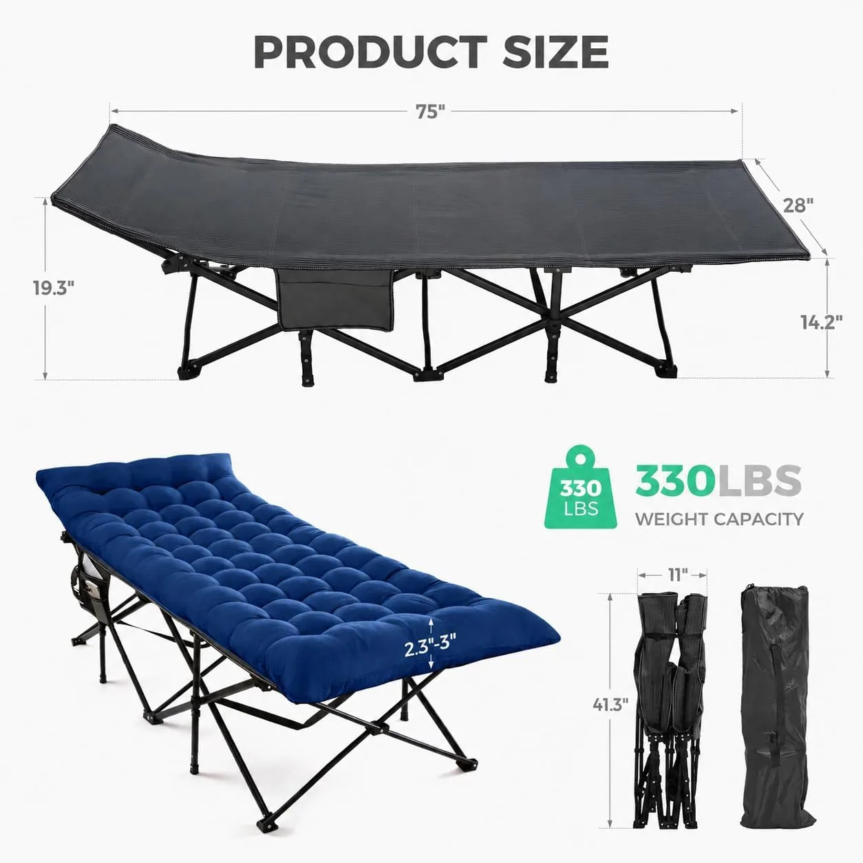 JEAREY Folding Camping Cot for Adults, 28in Wide with Mattress, Navy
