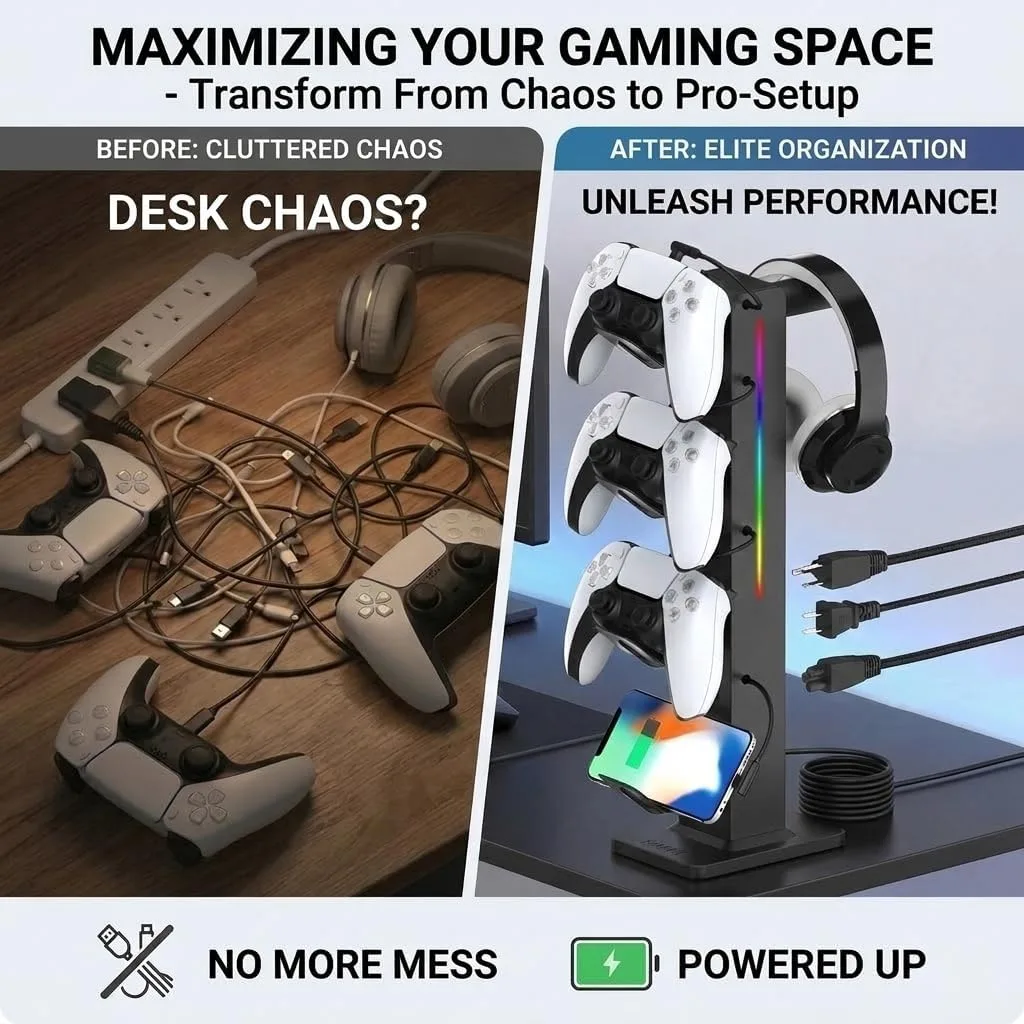 KAFRI RGB Gaming Headphone Stand with Controller Holder, Desk Organizer with Retractable Charger Cable, 2 AC Outlets & 4 Type-C Charging Ports, PC Gaming Accessories for Headset & Controller (Black)