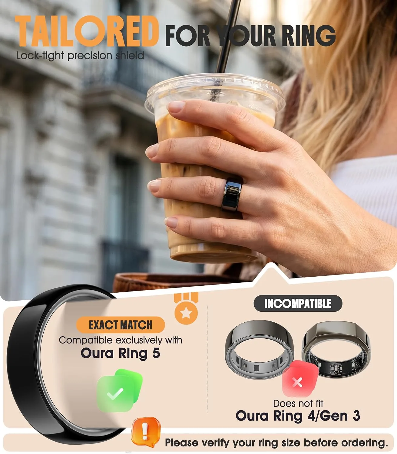 3 Pack Ring Cover Compatible for Oura Ring 5, Resistant TPU, Black-Size 8