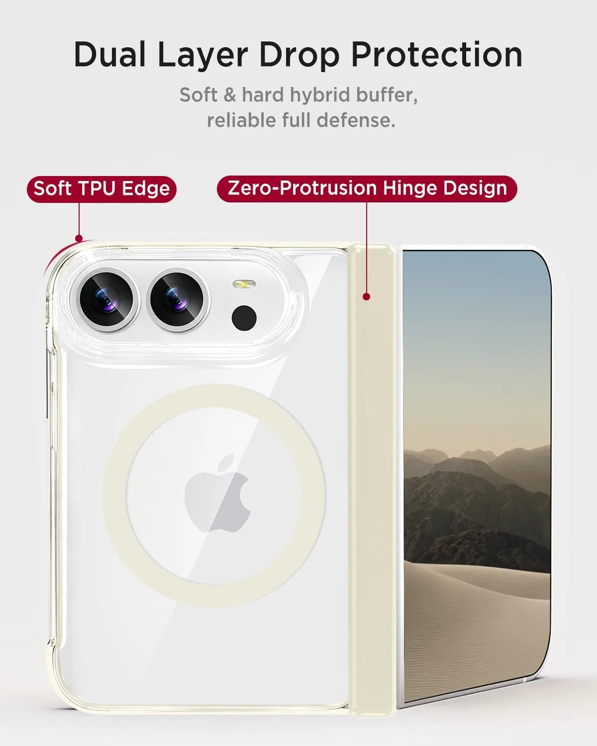 Miimall Ultra Thin for iPhone Duo Case for Mag Safe, [Hinge Protection][No Front Cover] Drop Proof Heavy Duty Durable Anti-Scratch Sleek Soft Protective Bumper for iPhone Duo Slim Cover Cream Beige
