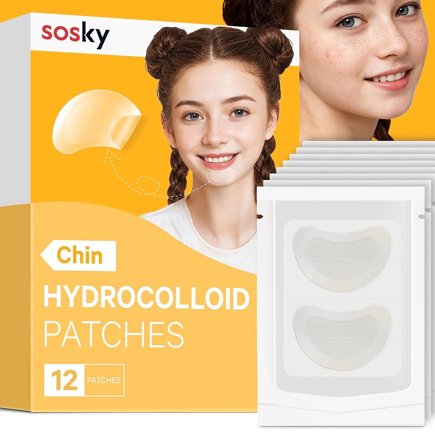 Sosky Chin Pimple Patches Hydrocolloid Acne Patches for Breakouts Large Spot Control Covers for Face Chin & Body Vegan Cruelty Free (12 Count)