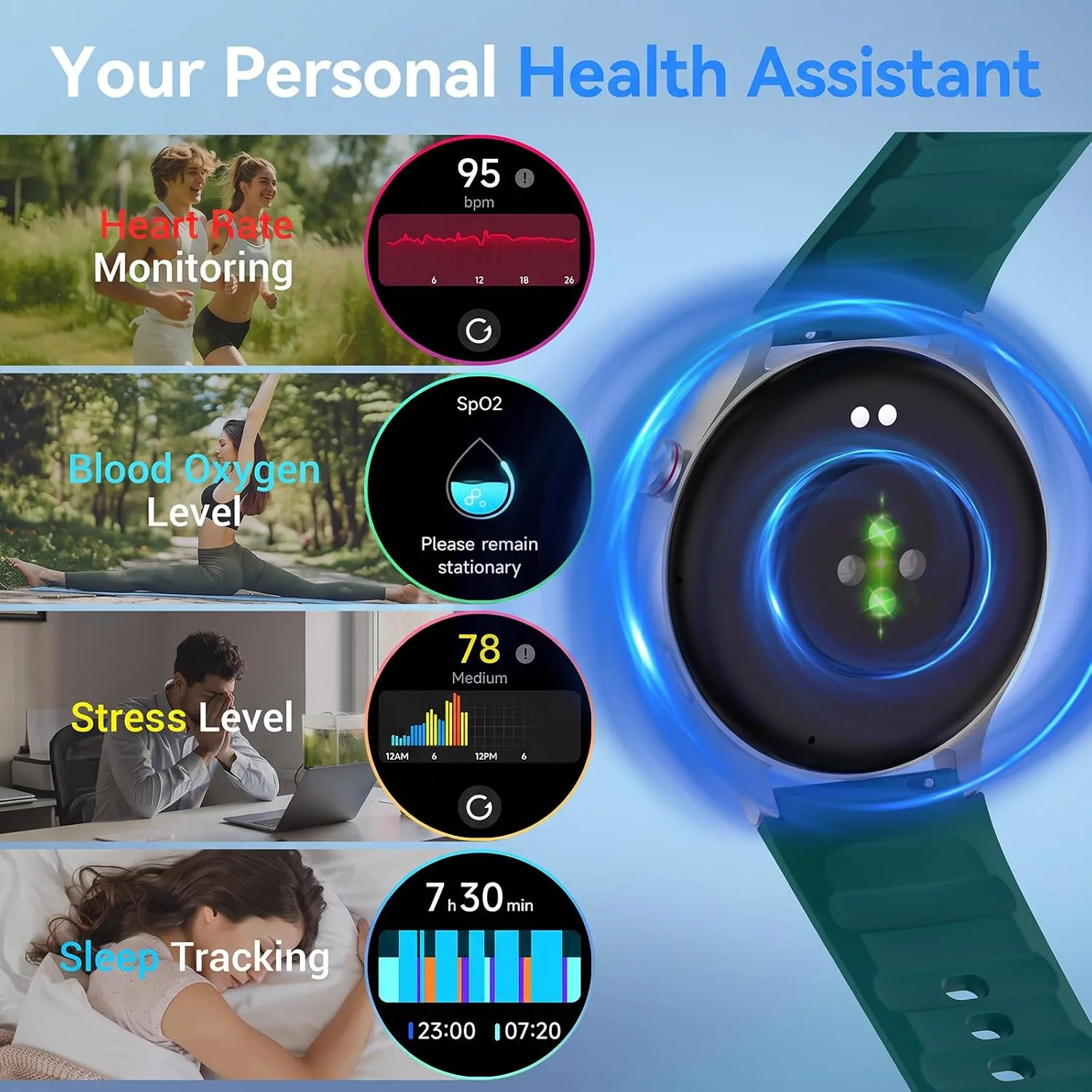 Fitpolo Smart Watch for Men Women,1.3" AMOLED Fitness Tracker (Teal Green)