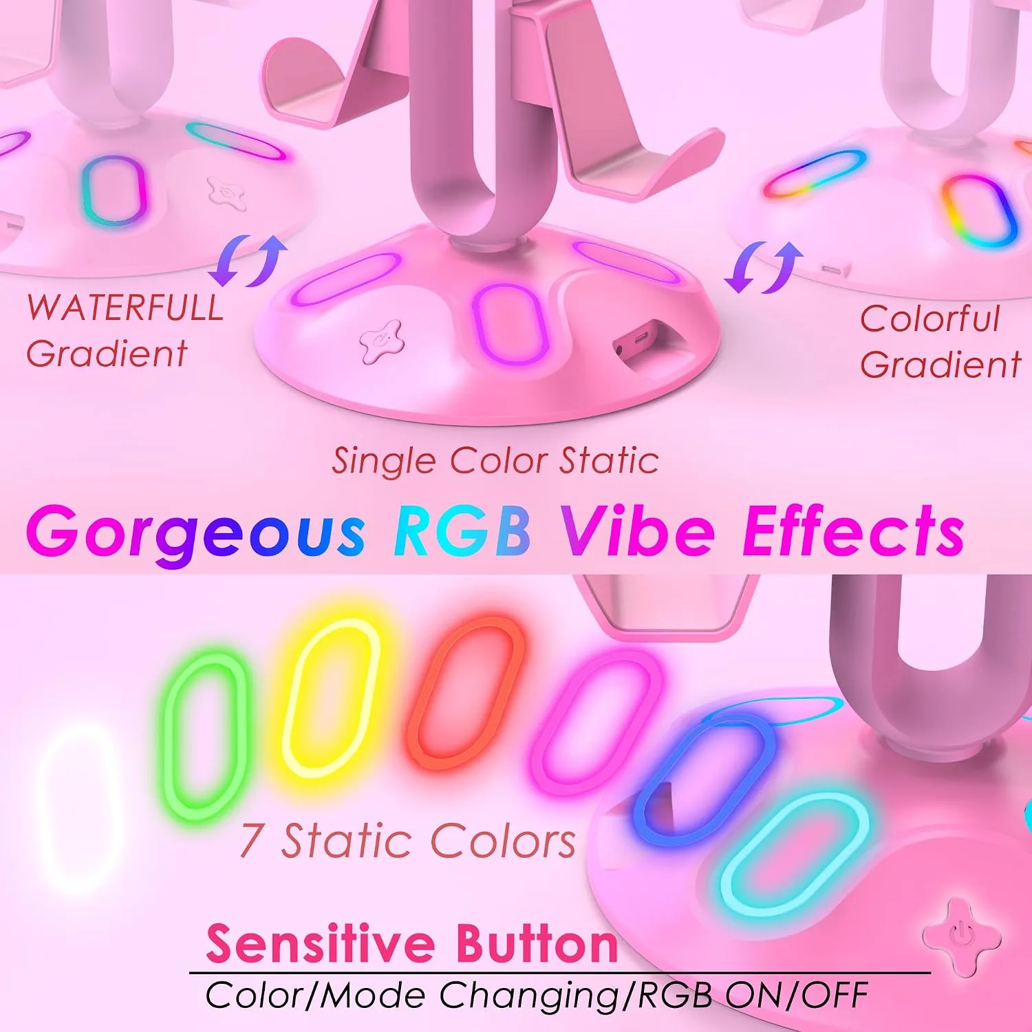 Gaming RGB Headphone Stand, Controller Holder with 9 Light Modes - Headset Stand with 2 USB Charging Ports and 3.5mm & Type-C - Controller Stand Hanger Accessories for Desk and Gamer(Pink)…