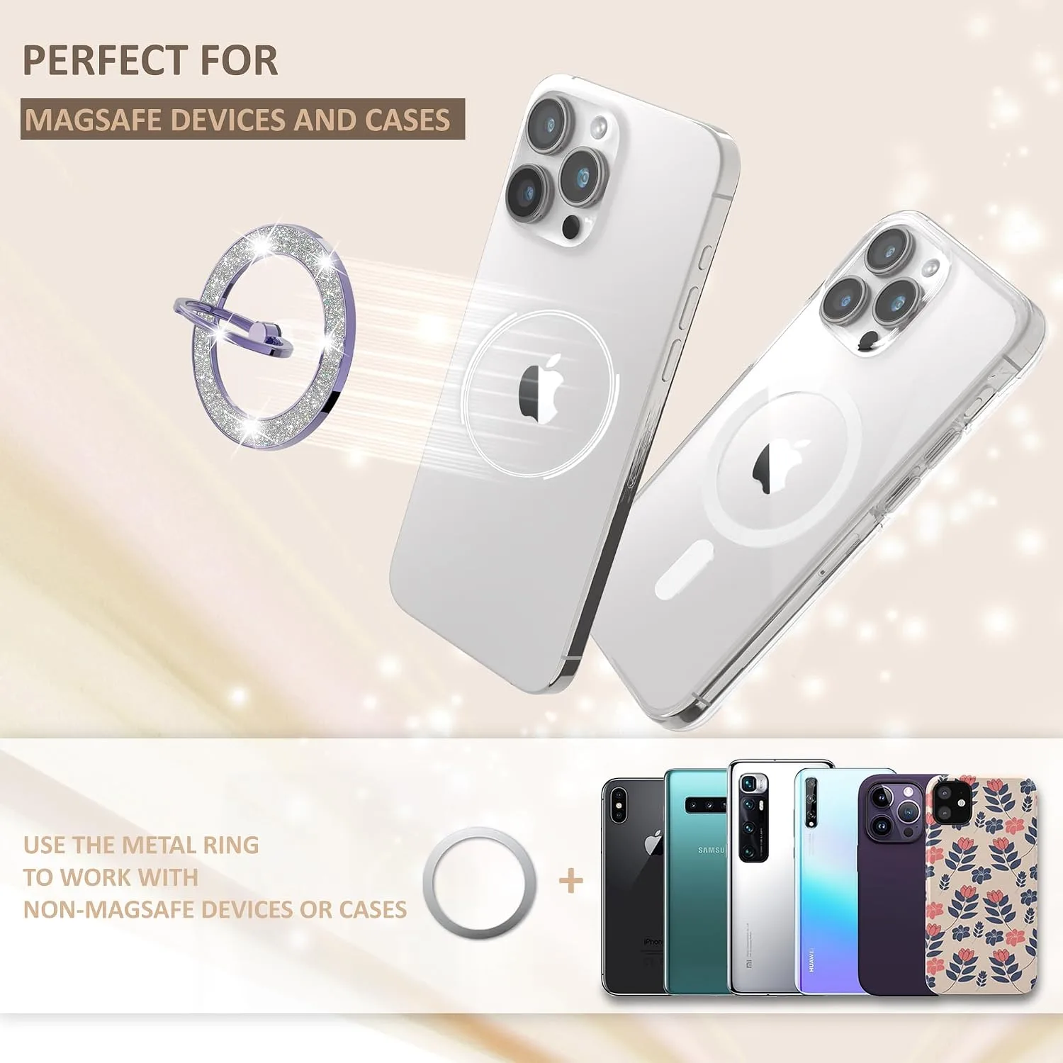 Pikabo Magnetic Phone Ring Holder for MagSafe, Glitter Phone Grip Stand