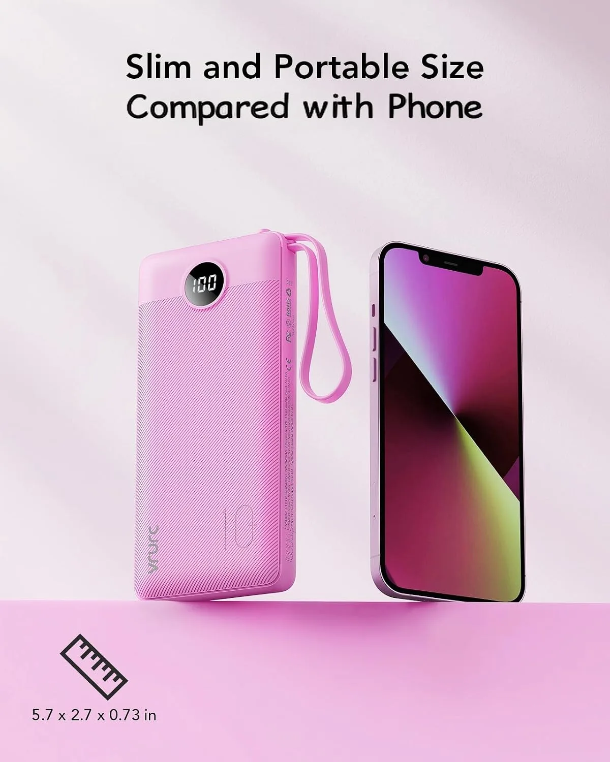 VRURC Portable Charger, Slim Power Bank Built-in 4 Cables, Travel Essential