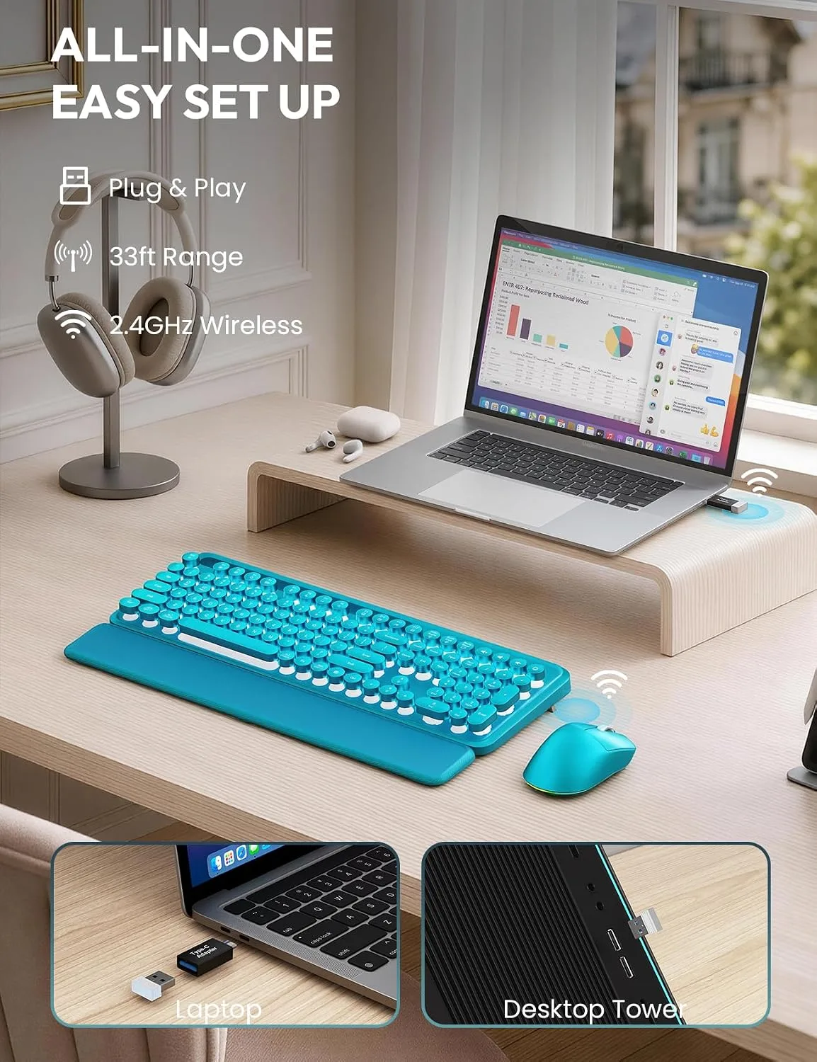 Wireless Keyboard and Mouse, Backlit Typewriter with Magnetic Wrist Rest