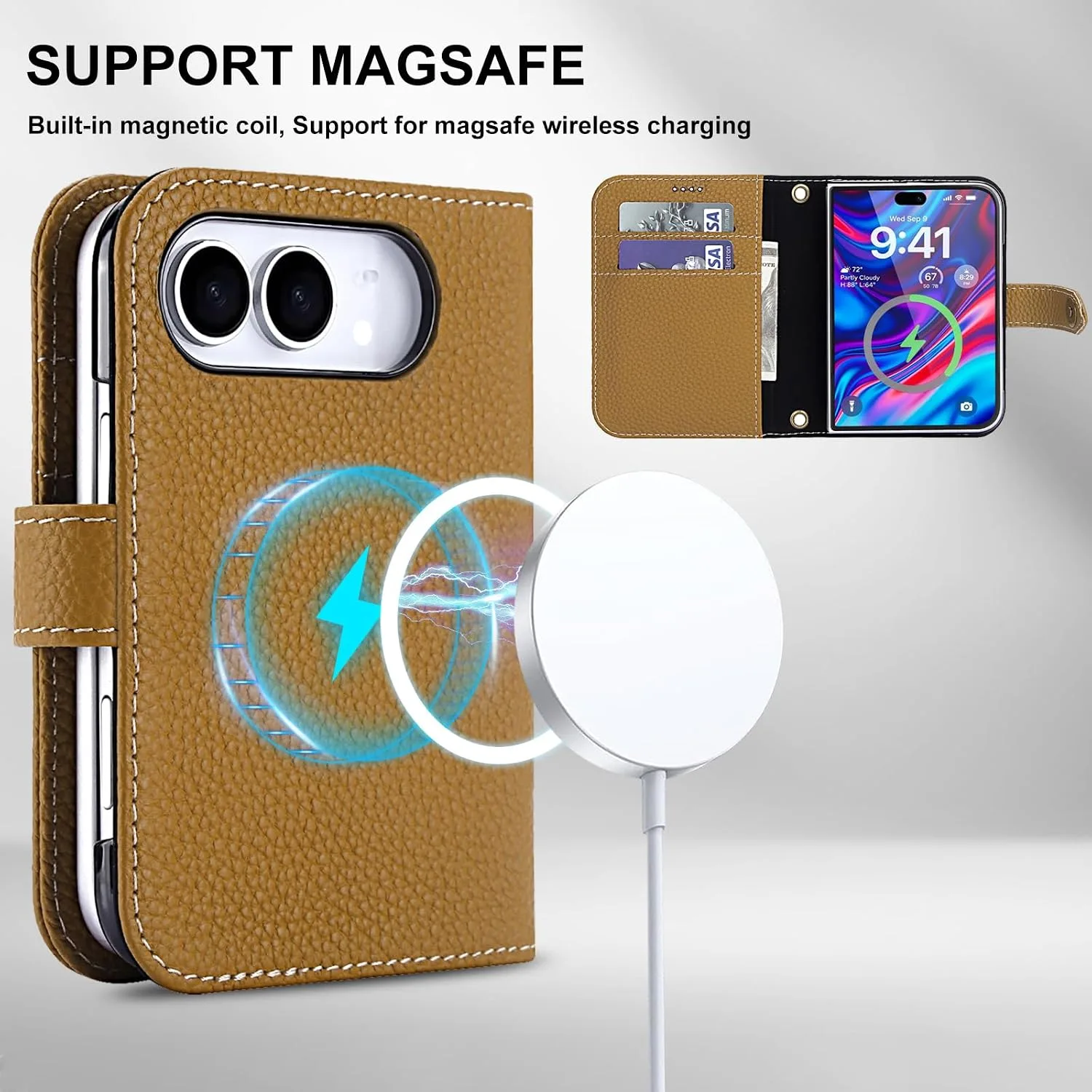 for iPhone Duo Case Wallet Genuine Leather for Magsafe, Brown