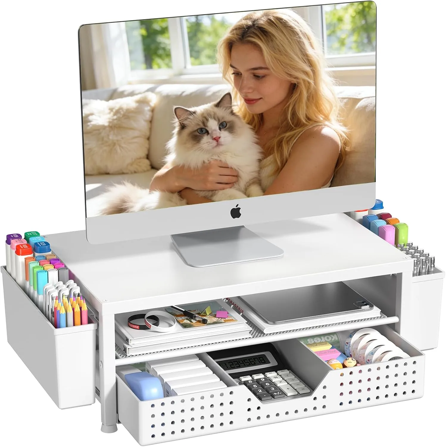 OPNICE Desk Organizer, Monitor Stand Riser with Drawer and 2 Pen Holders