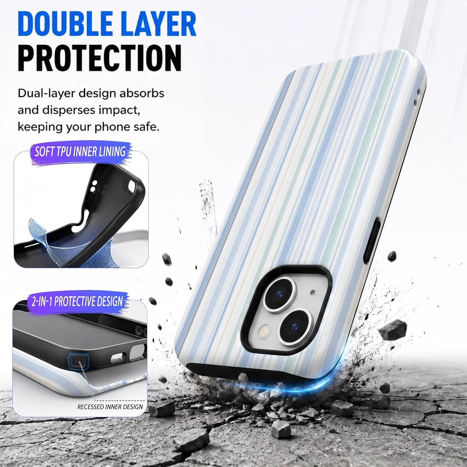 Magnetic for iPhone 15 Phone Case, Cute Trendy Pastel Blue Striped