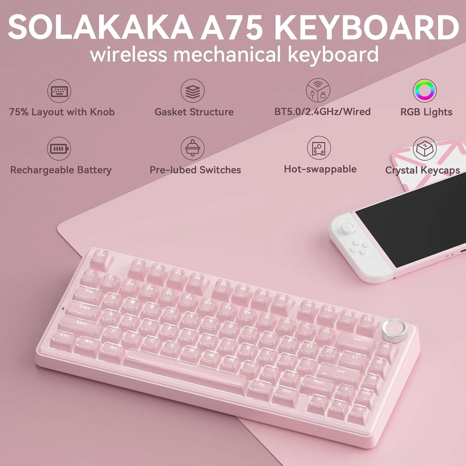 SOLAKAKA A75 Wireless Gaming Keyboard with Multifunction Knob, BT5.0/2.4GHz/USB-C, 75% Mechanical Keyboard, Hot-Swappable, Gasket Creamy Keyboard with RGB Backlit, Crystal Keycaps, for PC/Mac