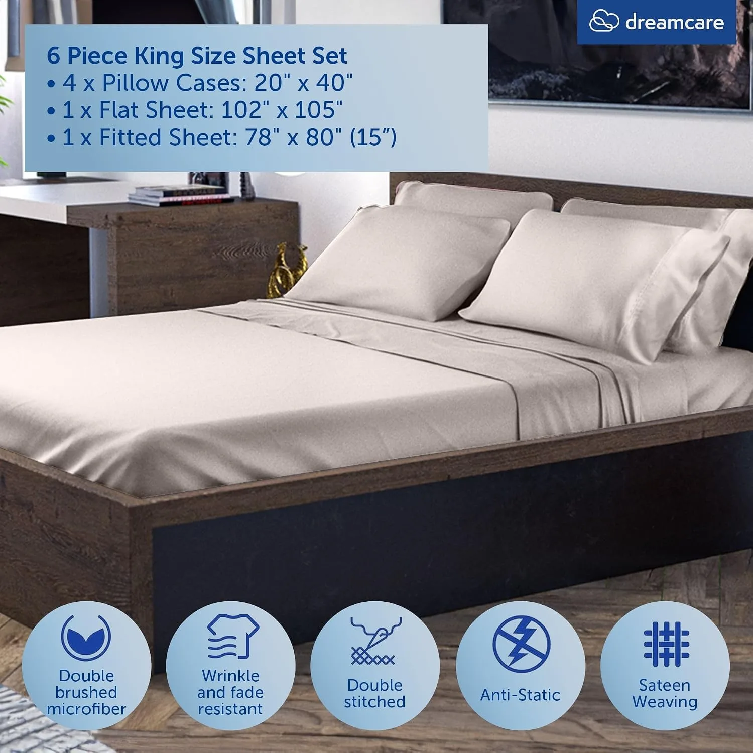 DREAMCARE King Size Sheets Set - 6 pcs Breathable Cooling Sheets King Size