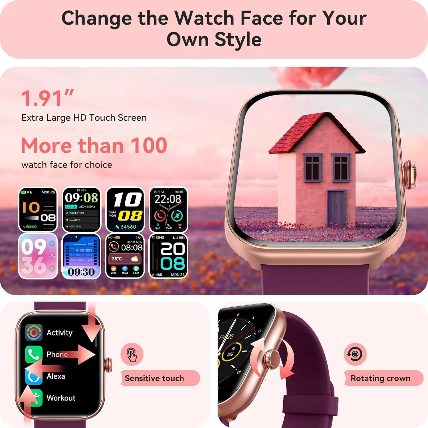 Smart Watch for Women Men, Smartwatch for iPhone & Android Bluetooth (Answer/Call) Built-in Alexa, 1.91" HD Fitness Tracker with 105+ Sport Modes, IP68 Waterproof, Sleep/Heart Rate/Stress Monitor