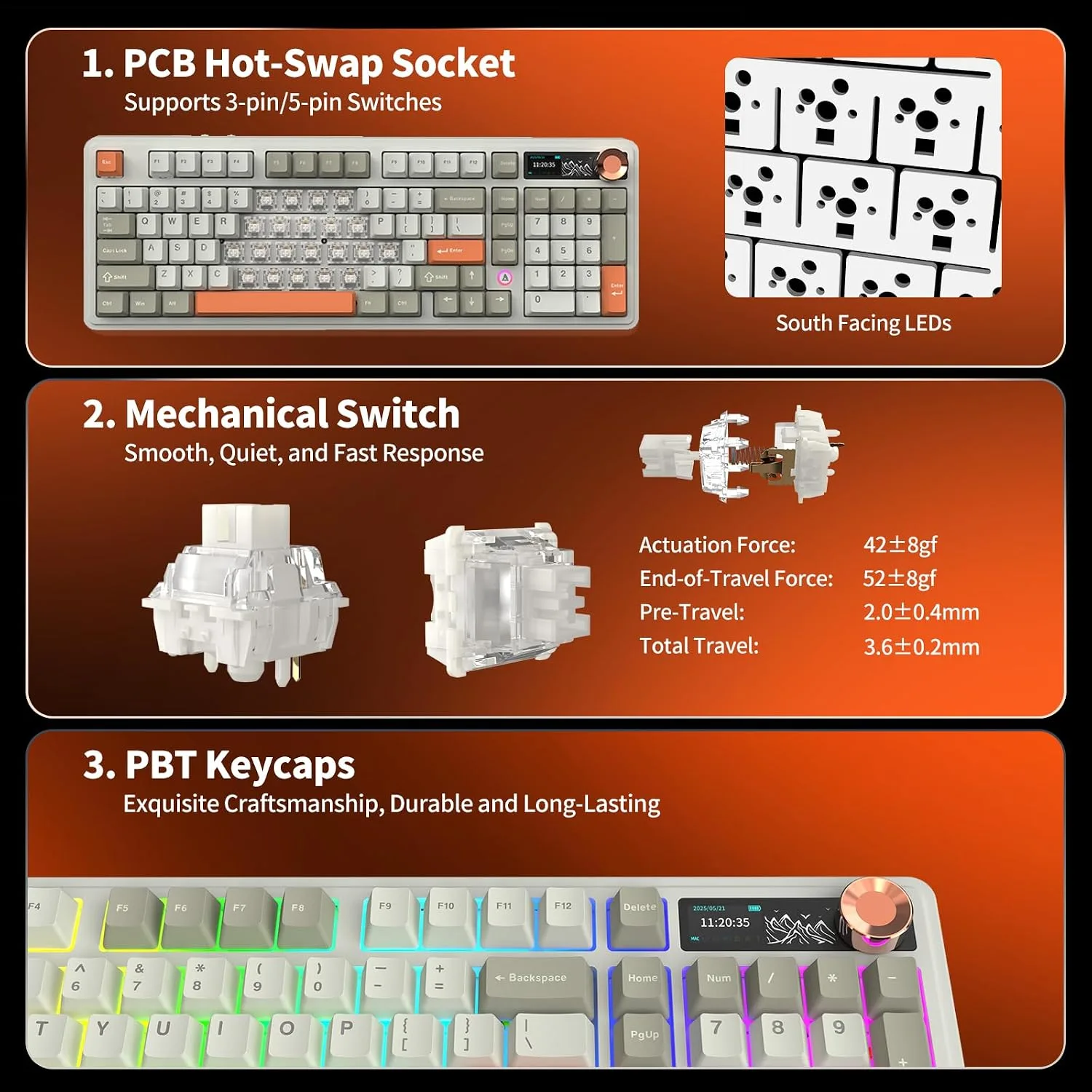AJAZZ AK980 V2 Tri-Mode Wireless Creamy Mechanical Gaming Keyboard with TFT Smart Display Screen & Knob, 10,000mAh Battery, 98-Key Layout, Hot-Swappable, Gasket-Mounted, Quiet Computer Keyboard