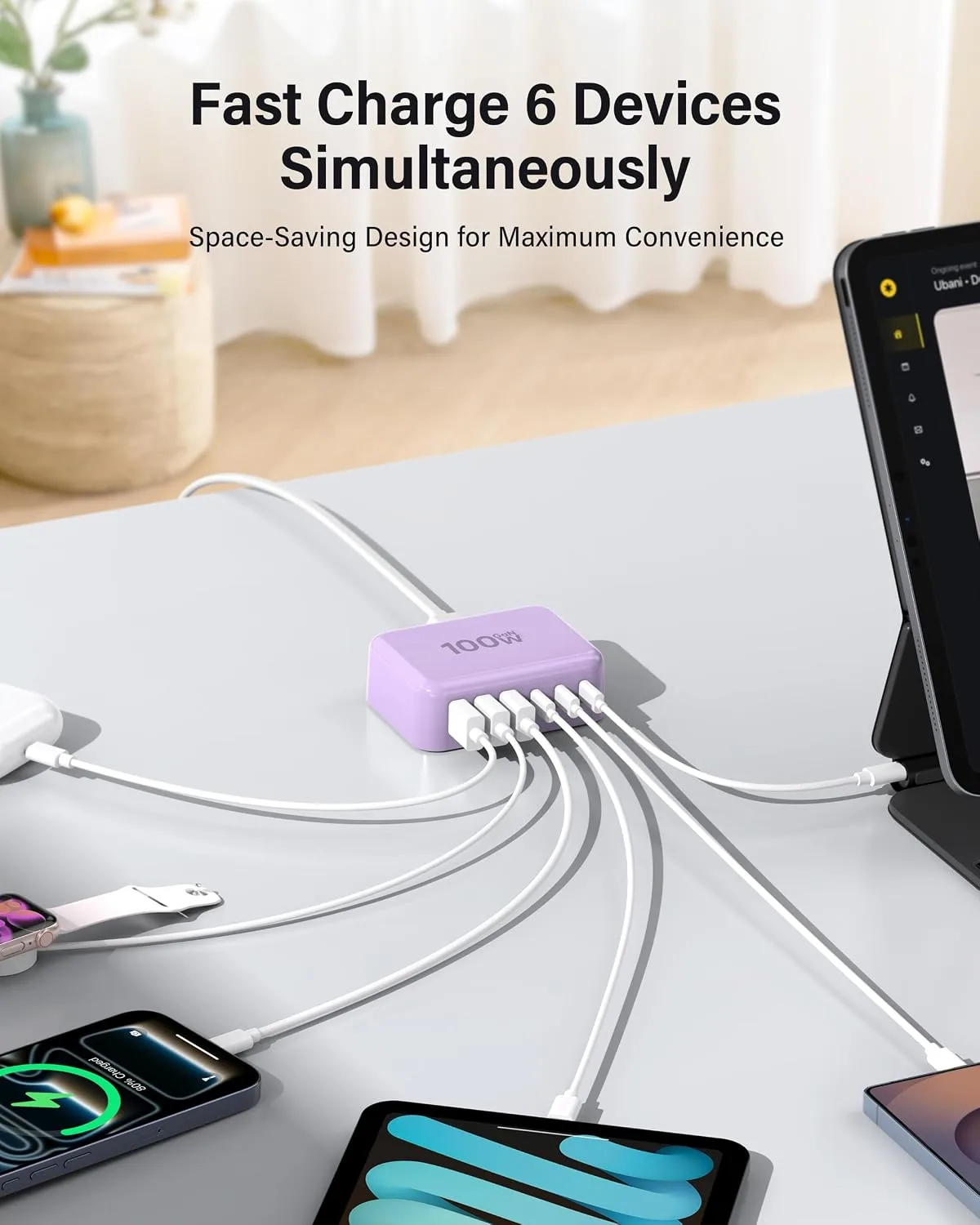 USB Fast Charger Block 50% Smaller 100W Max 6-Port GaN USB Charging Station