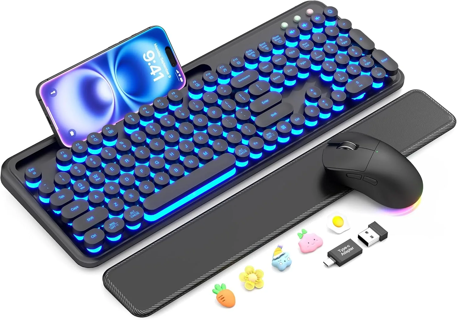 Wireless Keyboard and Mouse, Backlit Typewriter with Magnetic Wrist Rest
