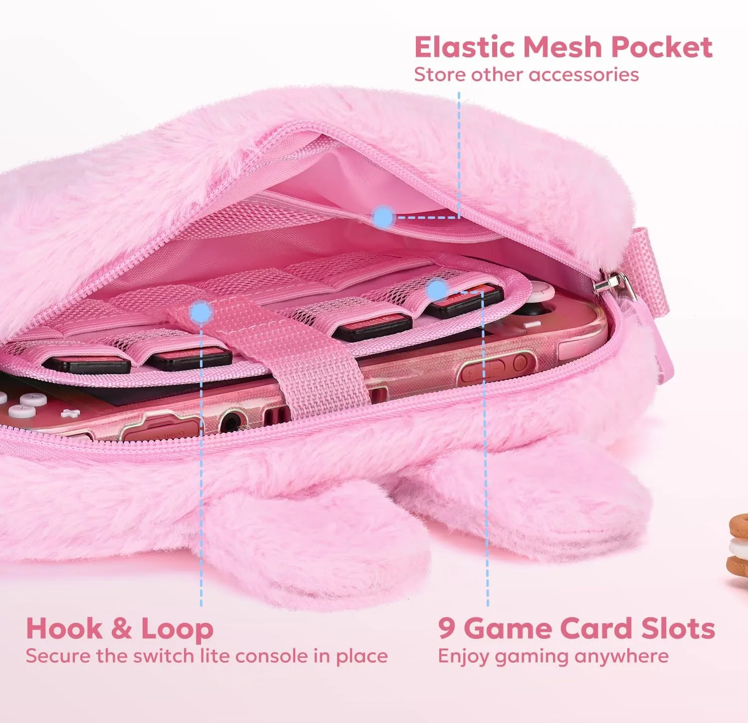 innoAura Switch Lite Case 14-in-1 Accessories Bundle for NS Switch Lite (2019), with Protective Carrying Case, Game Holder, Screen Protector & Cute Thumb Grips, Pink Rabbit Plush Bag