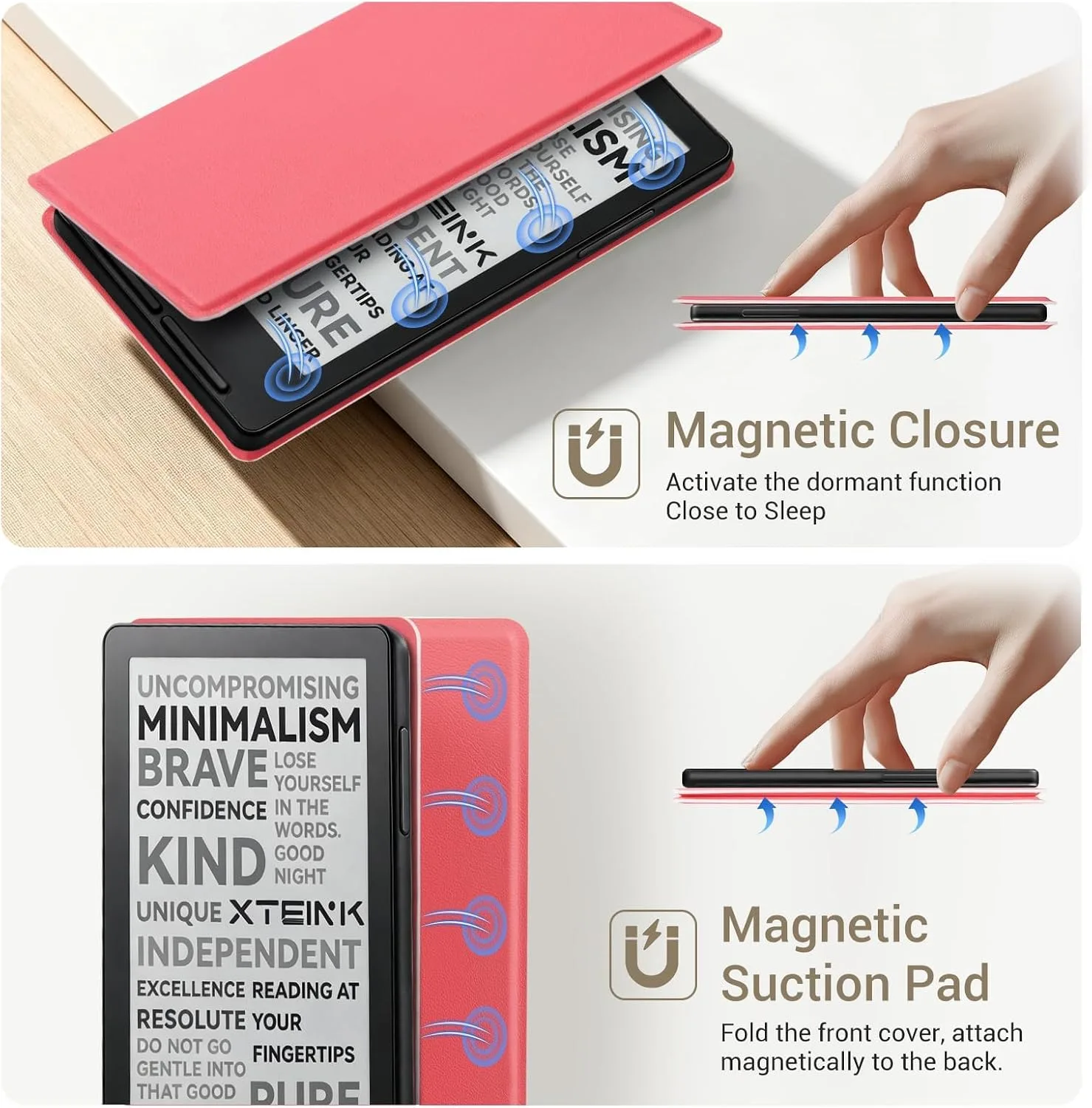 CoBak Magnetic Case for XTEINK X3 eBook Reader, 3.7" Ultra-Lightweight PU Leather Cover(Rose Red)
