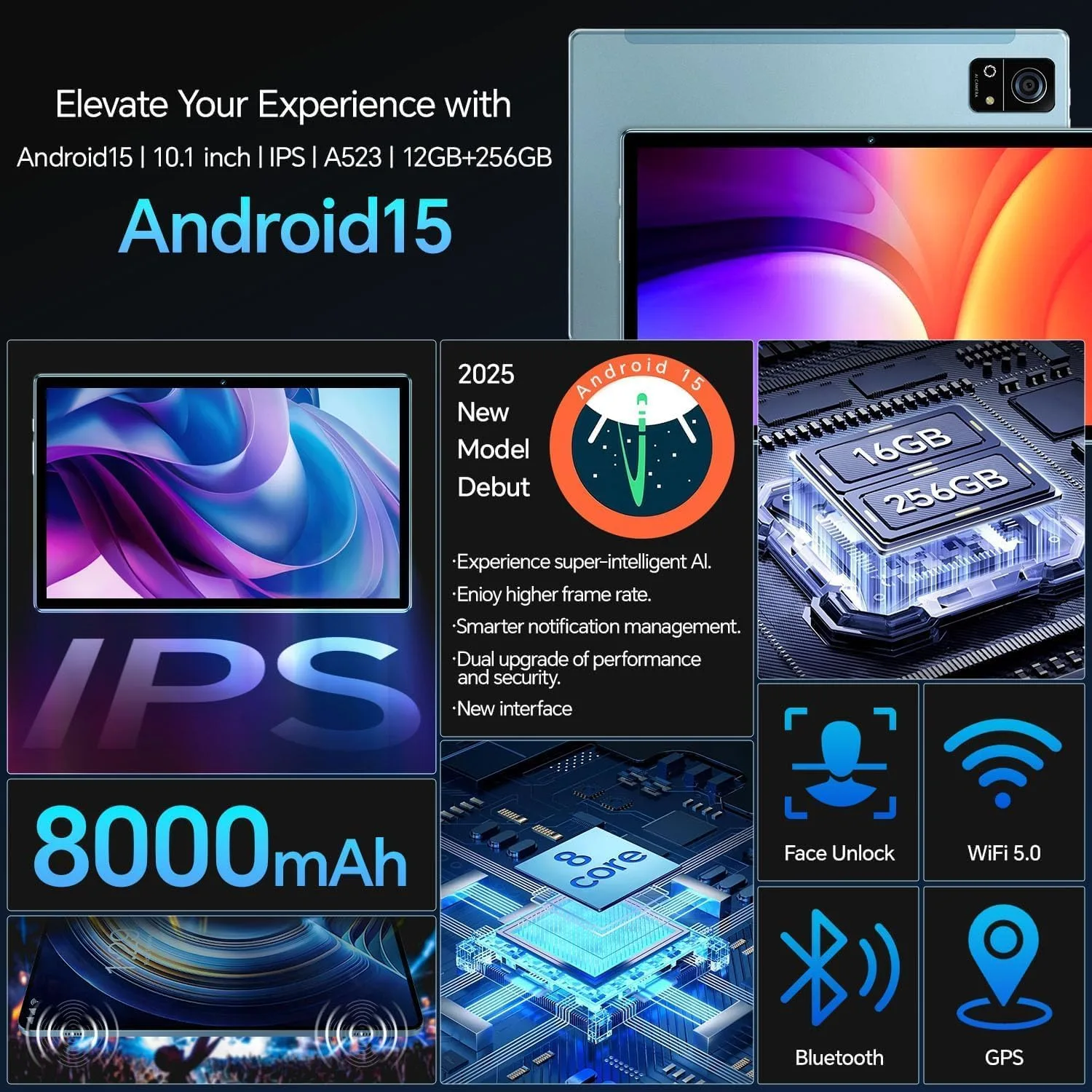 R7 Tablet 10.1 Inch Android 15 OS, Octa-Core, 16GB RAM + 256GB ROM, IPS Touchscreen, 13MP + 5MP Camera, 8000mAh, Dual-Band WiFi (2.4GHz + 5GHz), Work Study Entertainment