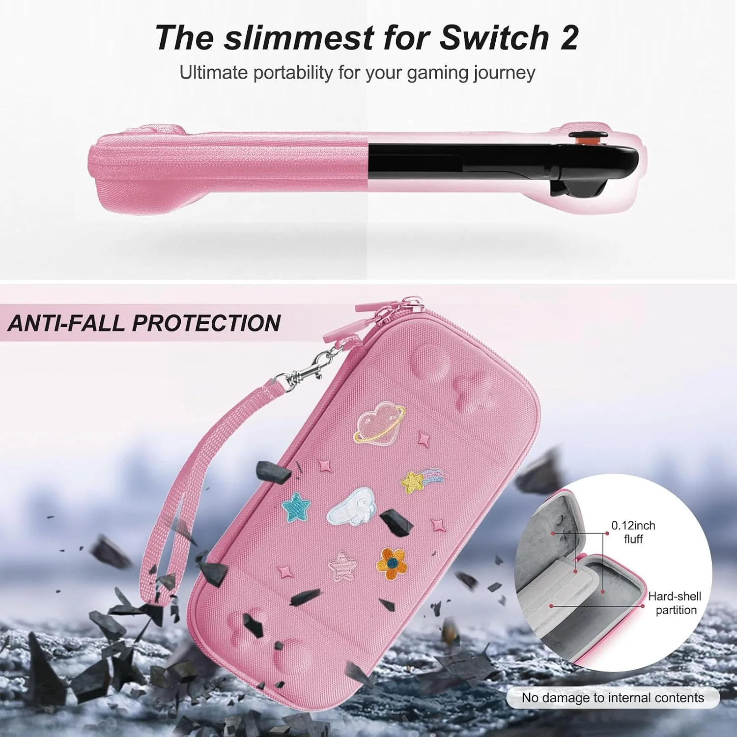 Cute Travel Carrying Case for Switch 2 2025 with Silicone j-con Covers, Thumb Grip Caps, Screen Protector, Love Heart Strap and Embroidery stickers for Girls Women, Pink