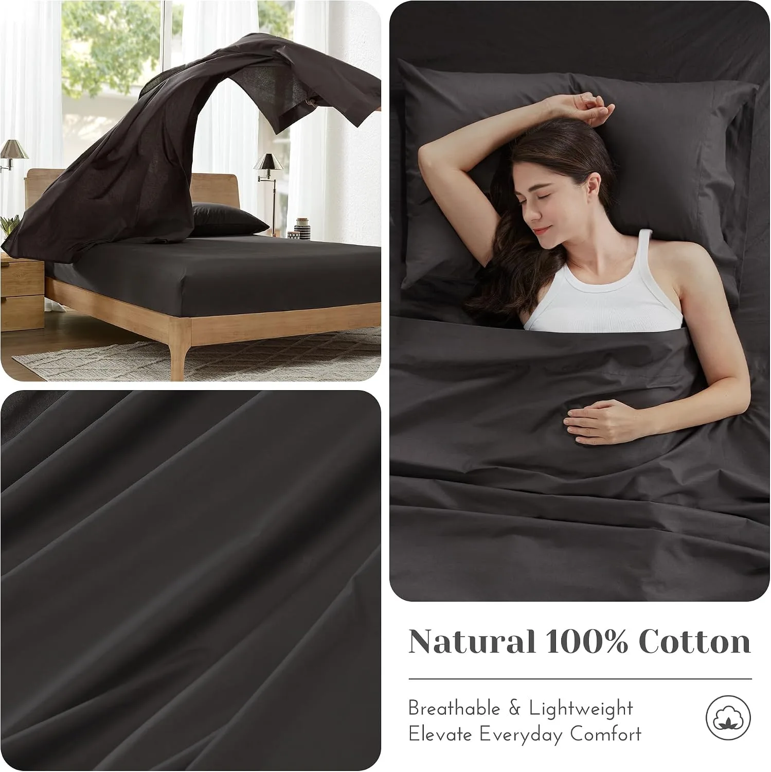 Comfort Spaces 100% Cotton Percale Sheets Queen Sheet Set 4 Pcs, Black