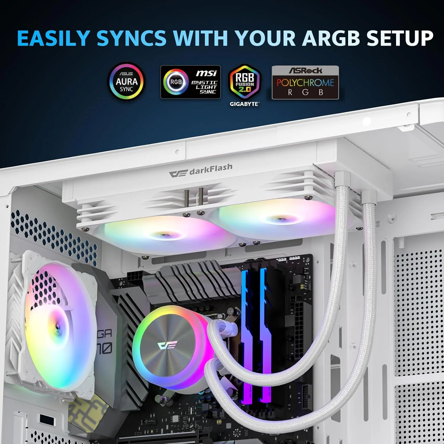 darkFlash DG240 All-in-one Liquid CPU Cooler, High-Performance Pump, ARGB Sync, PWM Daisy Chain Connection Fans, AIO Cooler Compatible with Intel 1851/1700, AMD AM4/AM5 (White, 240mm AIO)