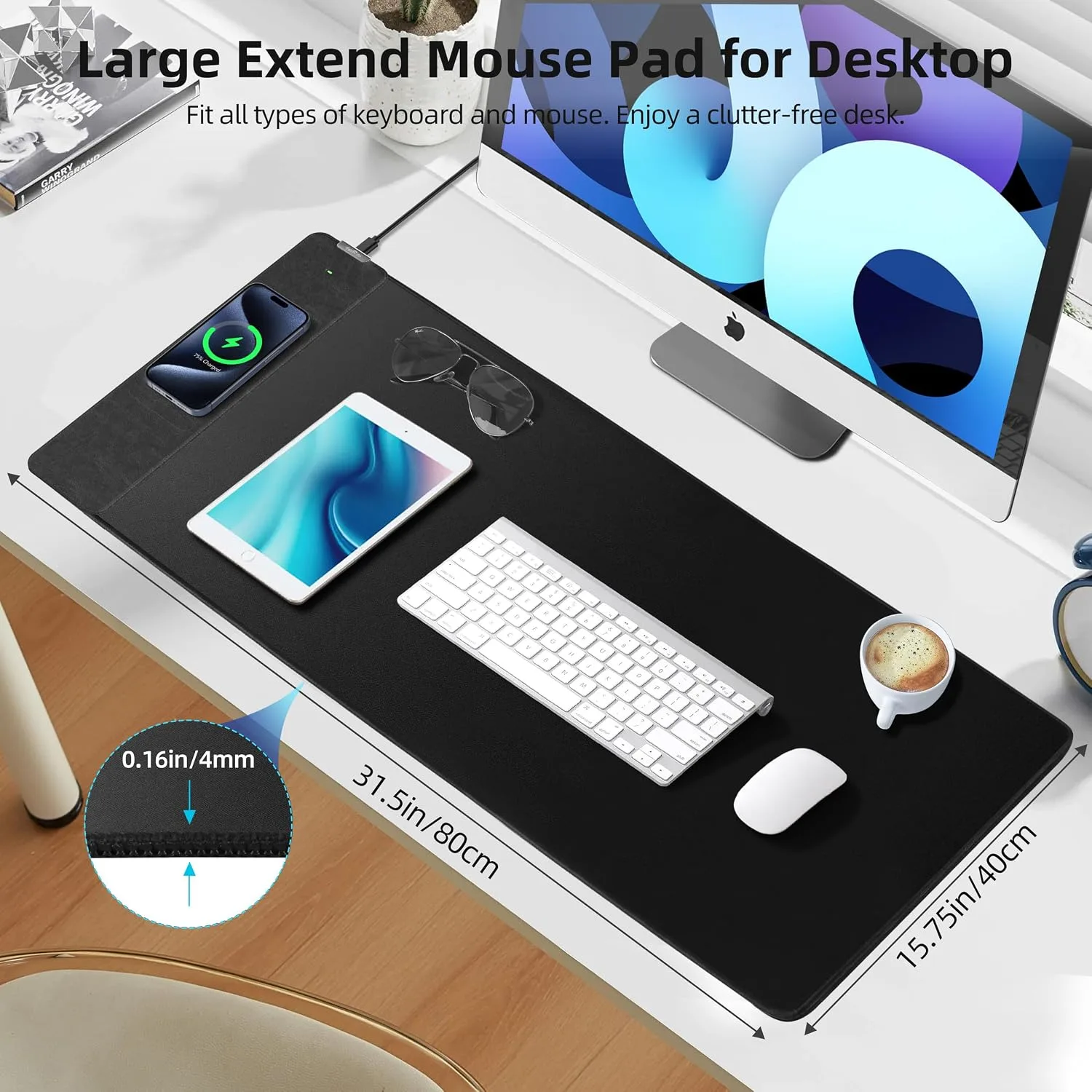 Wireless Charging Mouse Pad, Gaming Mouse Pad with Ultra-Smooth Surface, 31.5"x15.75" Large Desk Mat, Non-Slip Rubber Base, Waterproof Computer Keyboard Pad for Gaming, MacBook, Laptop, Desk