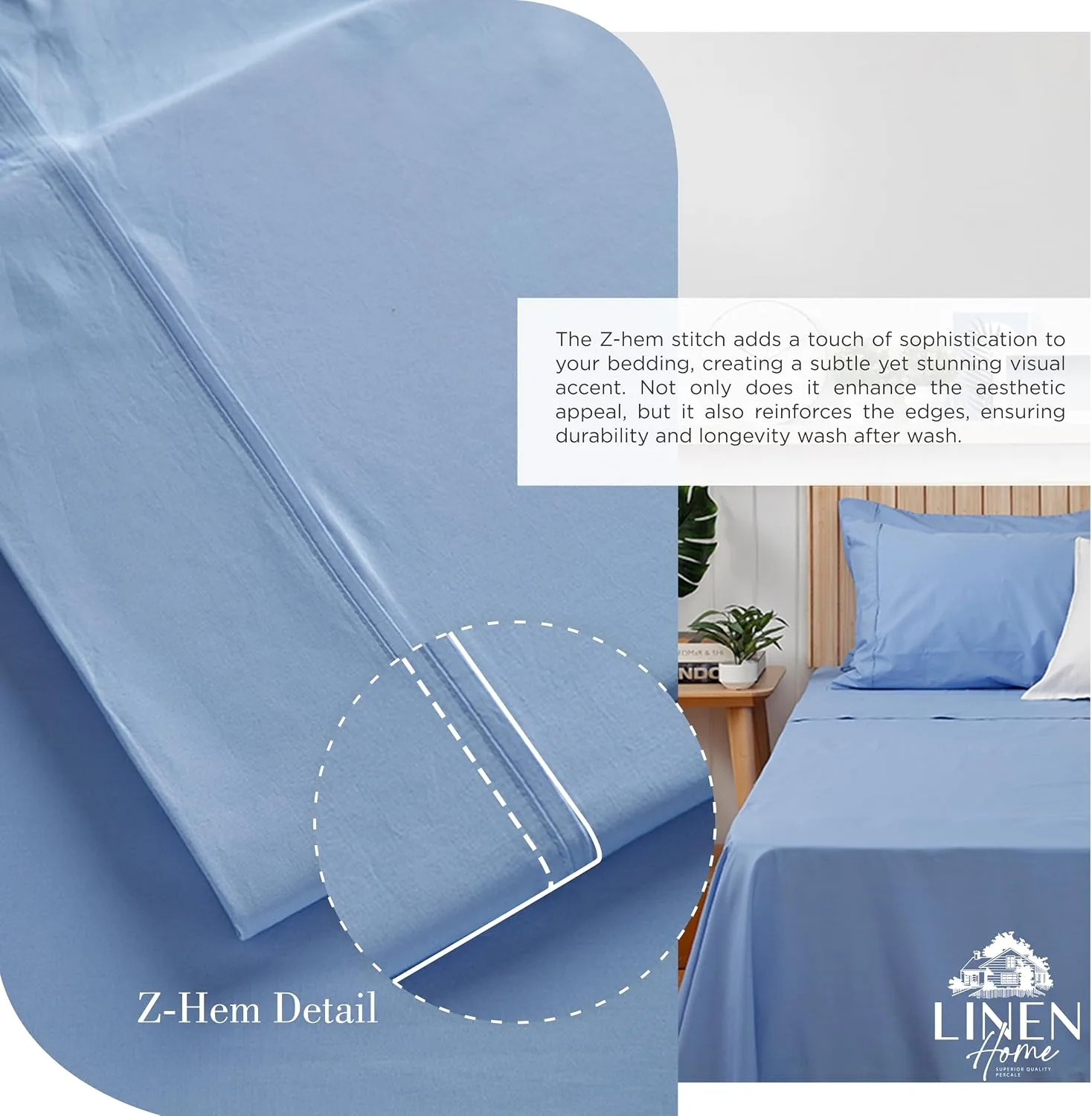 Linen Home 100% Cotton Percale King Sheets, 4 Pc Cooling Set - Baby Blue