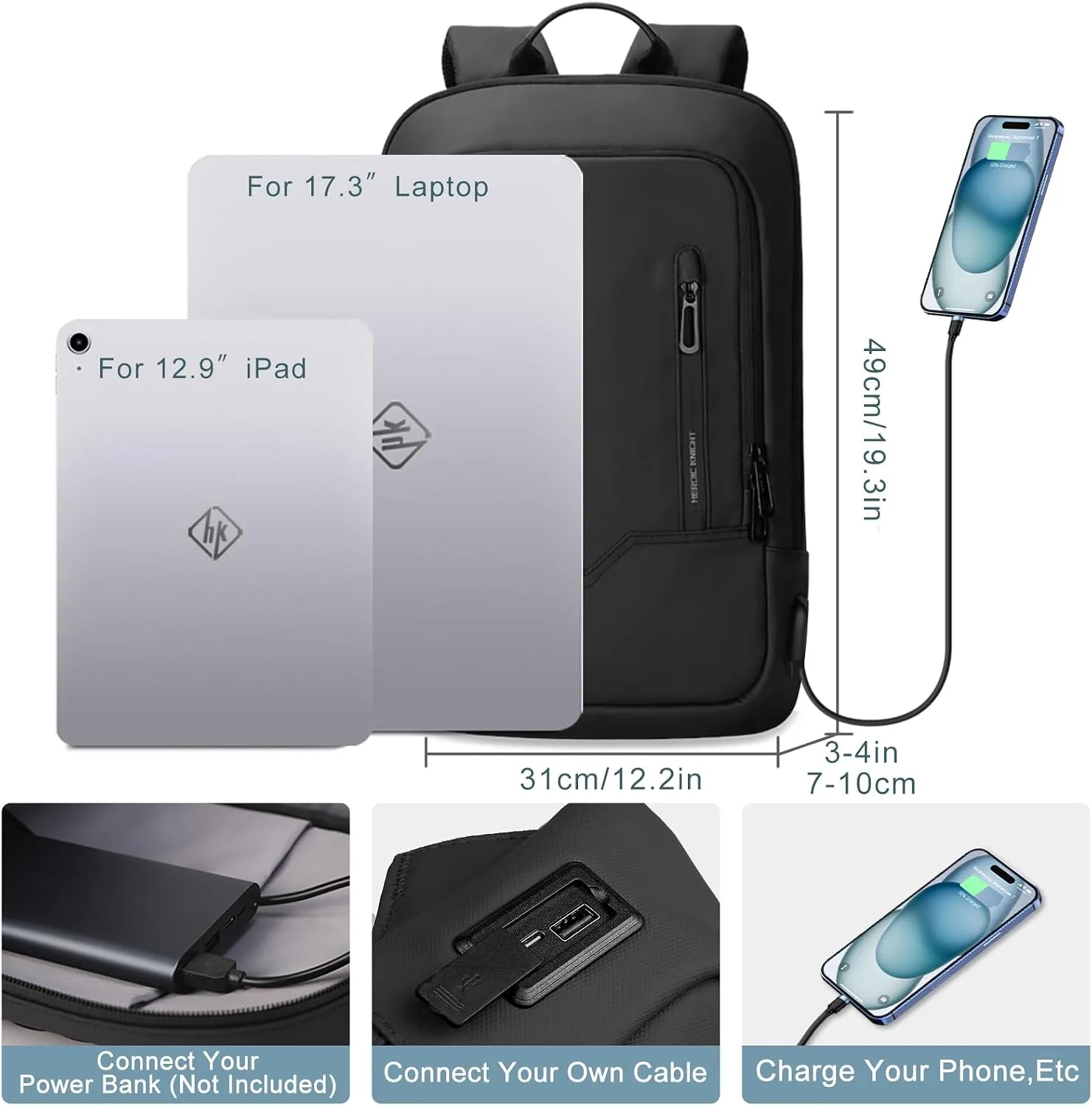 hk Backpack for Men, Business Slim Computer Bag for 17.3 Inch Laptop