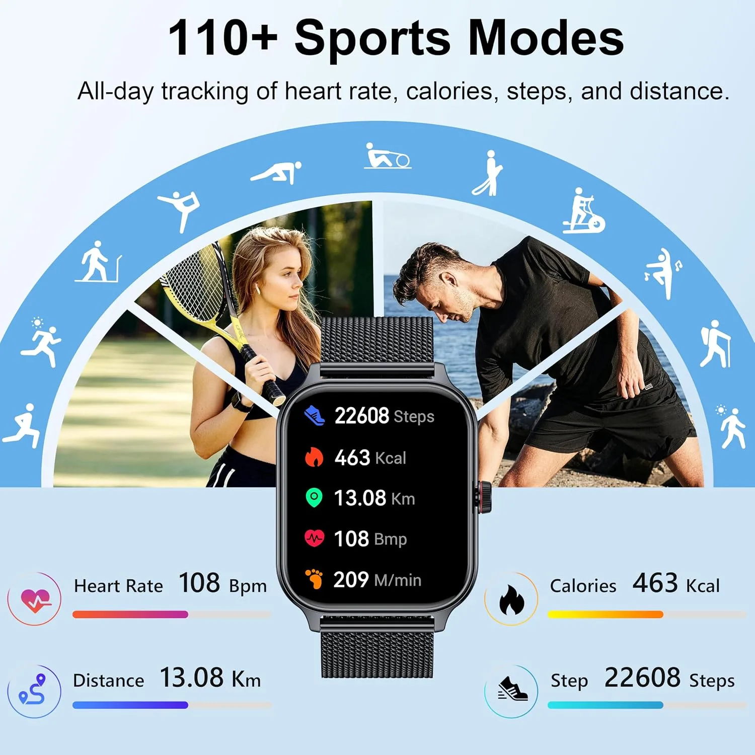 Smart Watch Women Men, 1.96" Reloj Inteligente para Mujer, Fitness Tracker, Blood Pressure/Heart Rate/SpO2 & Sleep Monitor, 110+ Sport Modes, Make/Answer Call, Voice Assistant for iOS Android