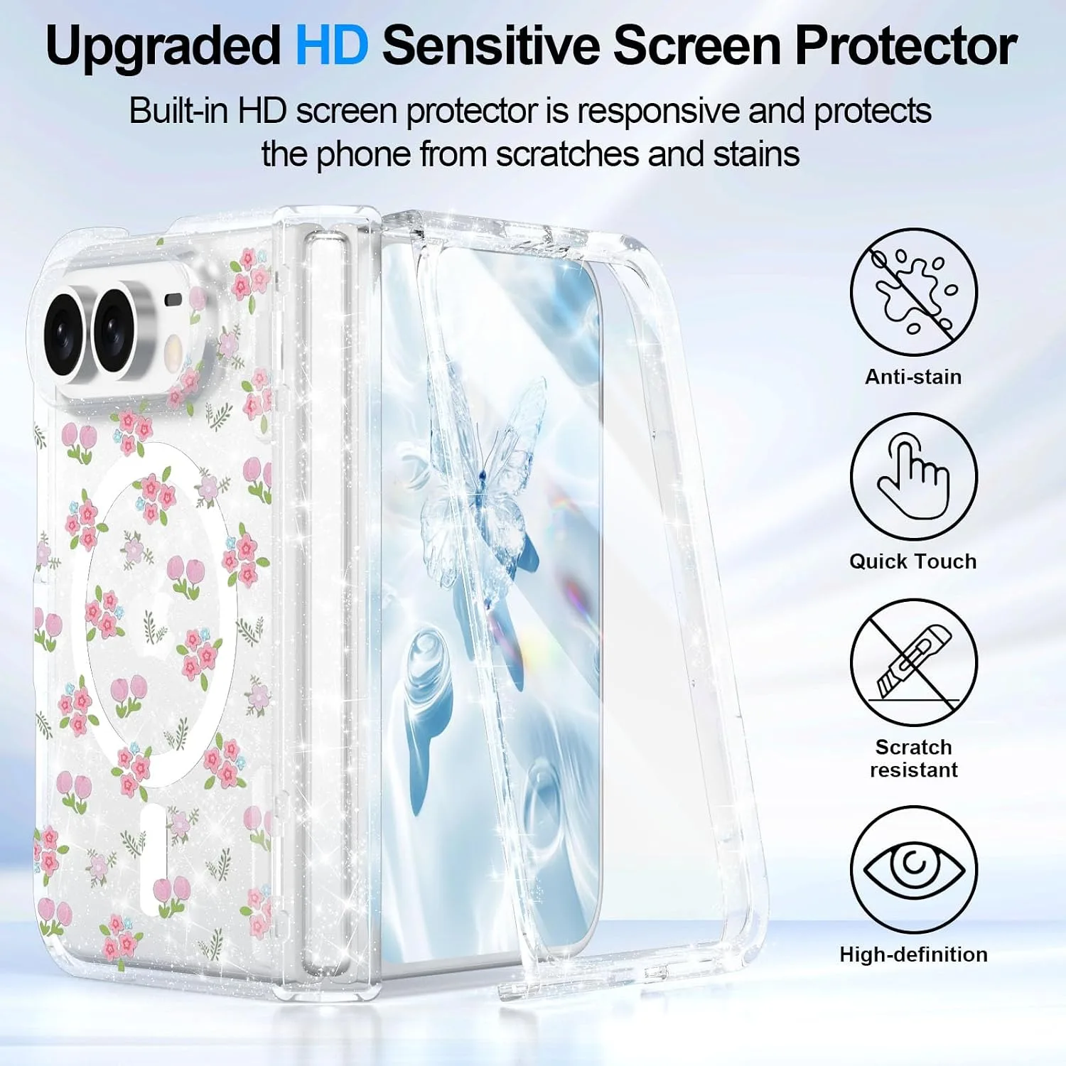 for iPhone Duo Case Clear Glitter Magnetic with Hinge Protection