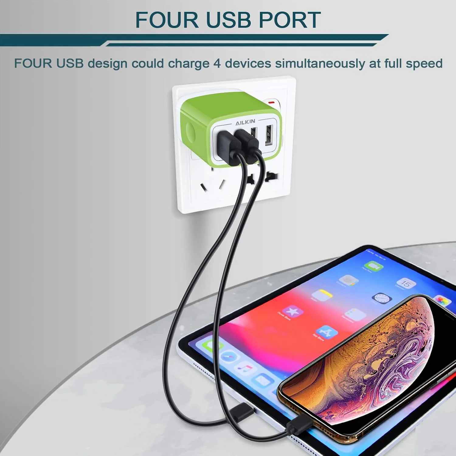 USB Charger Cube, Wall Charger Plug, AILKIN 4.8A 4-Muti Port USB Adapter