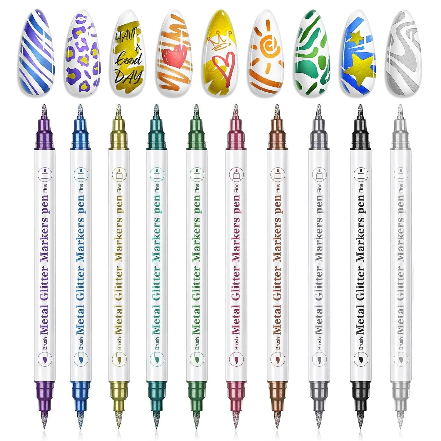 SAVILAND 10 Colors Nail Art Pens Set, 0.5mm Dual Tip Nail Polish Pens