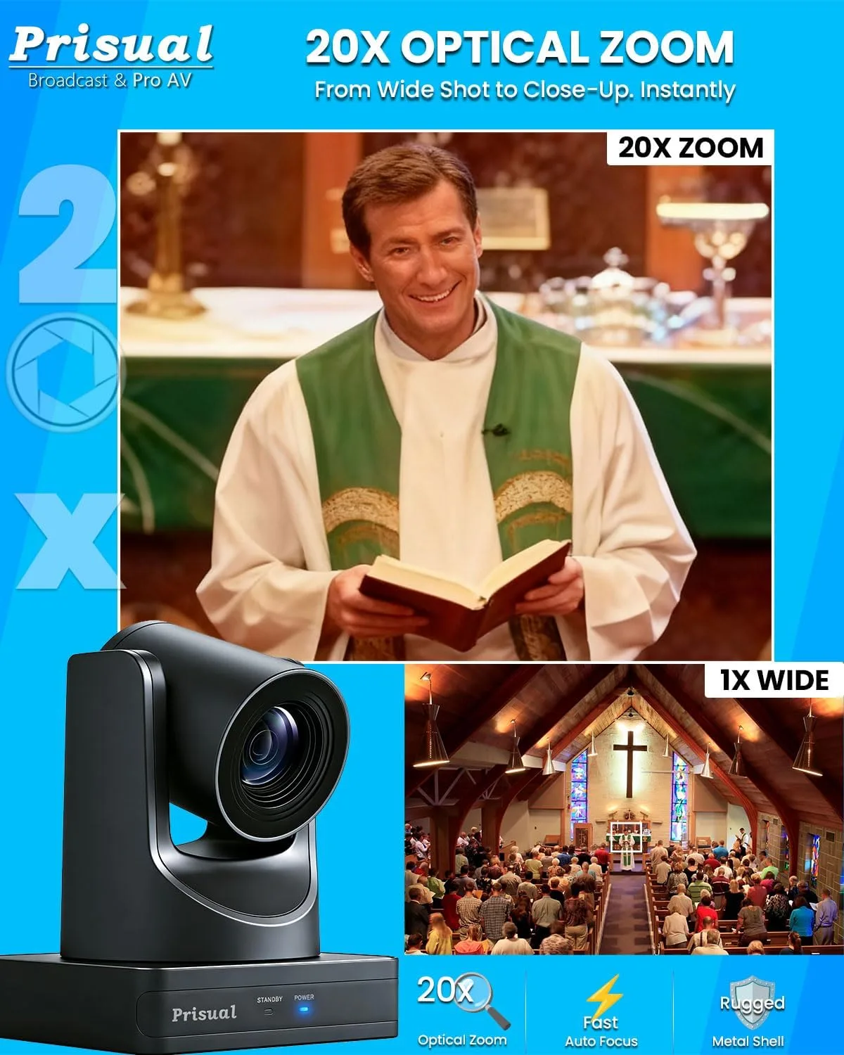 Prisual PTZ Camera, 20X Optical Zoom, PoE, HDMI, USB 3.0, LAN, Free NDI Upgrade, Broadcast Ready for Church Worship, Education, Live Streaming, Conference