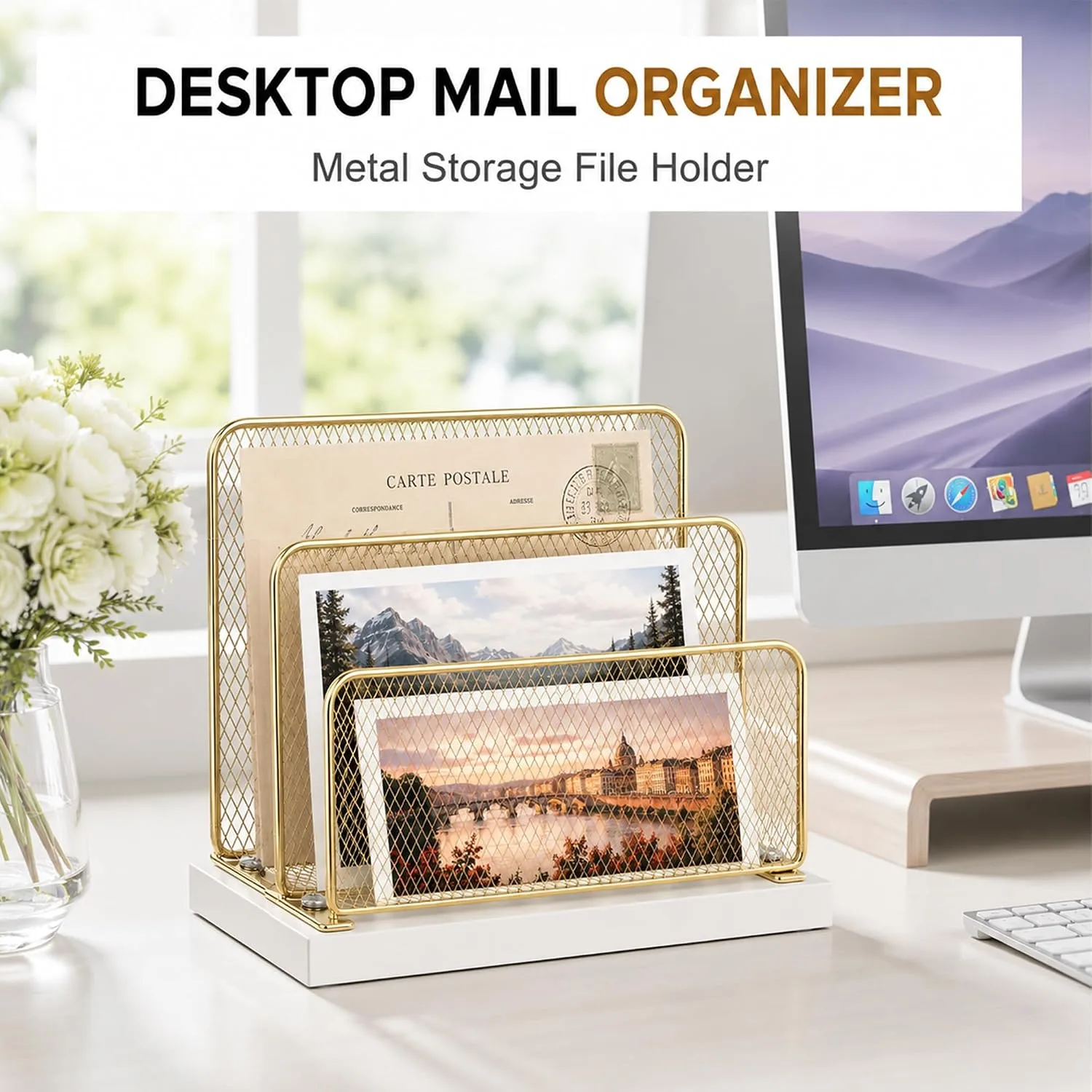 OPNICE Wooden Mail Organizer, File Organizer for Desk, Gold