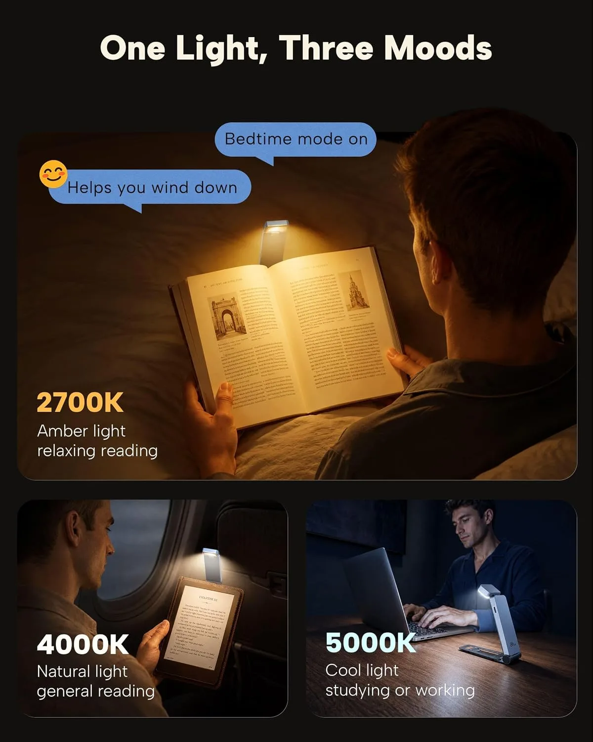 86lux Book Light, Rechargeable Clip-On LED Reading Light for Bed & Night Use - 3 Color Temperatures with Stepless Dimming, Ultralight Bookmark Design for Kids, Book Lovers, Blue