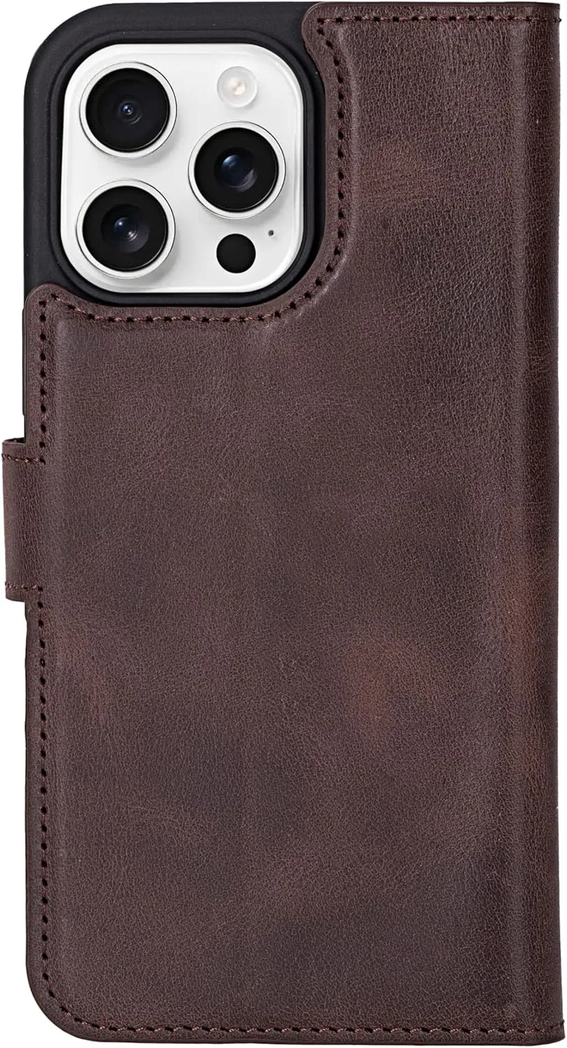 VENOULT Wallet Case for iPhone, Full Grain Genuine Turkish Leather, Magnetic Detachable, RFID 4 Card Slots, Business Style, Compatible with MagSafe (Chocolate, iPhone 16 Pro MAX)