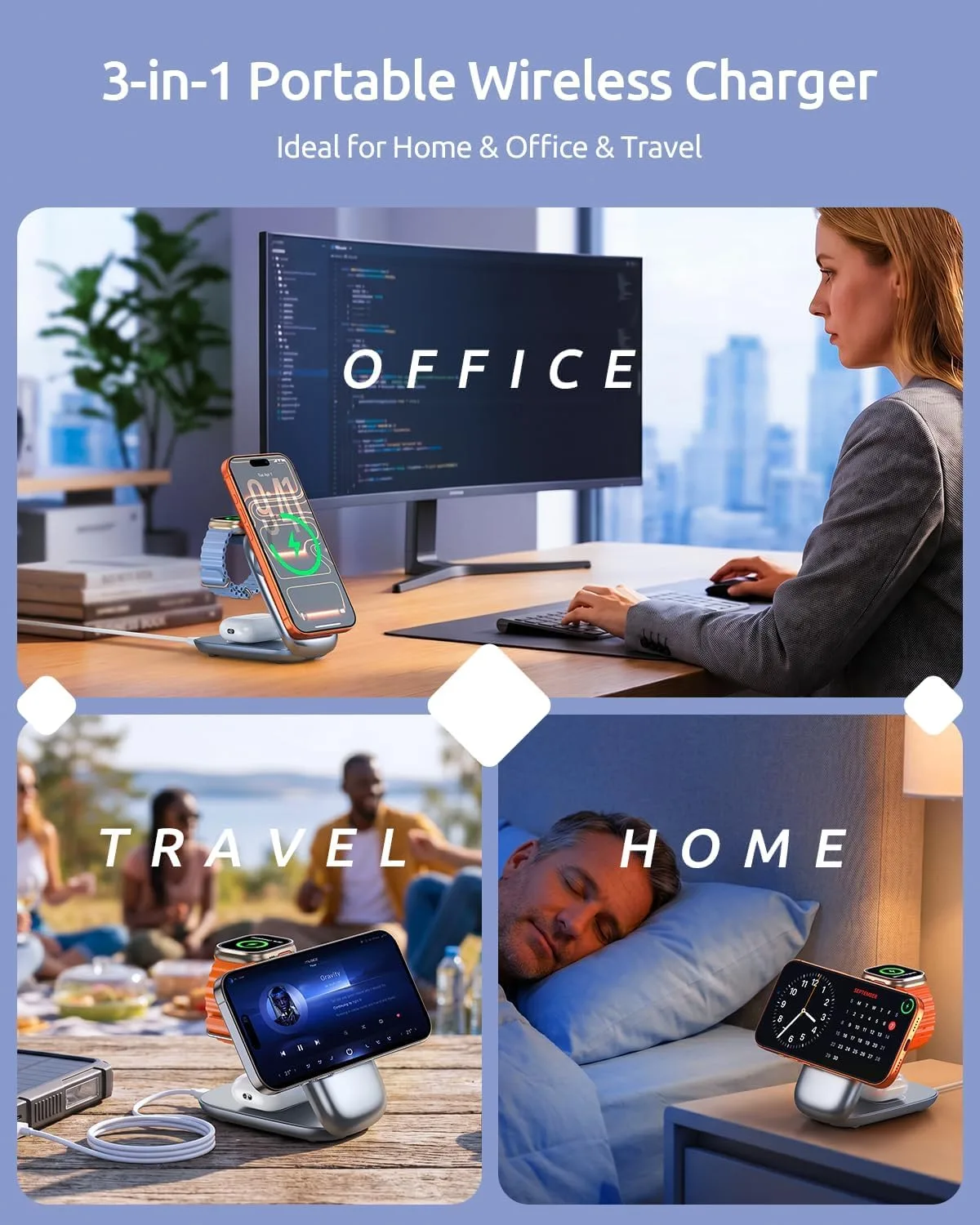 3 in 1 Charging Station, Foldable Magnetic Travel Wireless Charger