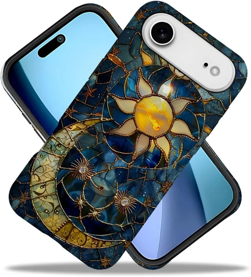 Case Compatible with iPhone 17 Air,Fall Prevention Hybrid 2-Layer Hard Shell Phone Cover for Girls Boys,Sun Moon Celestial Glass