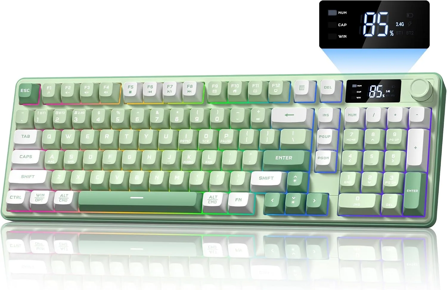 Keymatic Gaming Keyboard Wireless Creamy Keyboard with Media Knob & Screen Cute Keyboard Mechanical Feeling Membrane Keyboard with Number Pad RGB Backlit Tri-Mode BT/2.4GHz/USB-C - Green