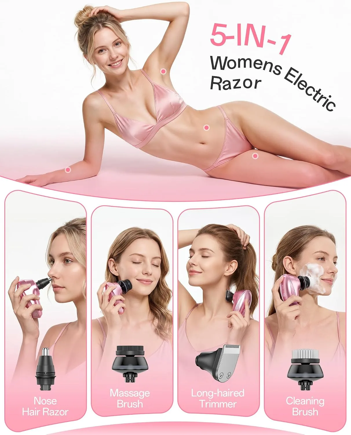 5-in-1 Electric Razors for Women, 7D Women's Full Body Shaver for Legs, IPX7 Waterproof Wet Dry Shaver with LED Display, Portable Hair Removal Shavers for Womens Face,Bikini, Lip, Arms