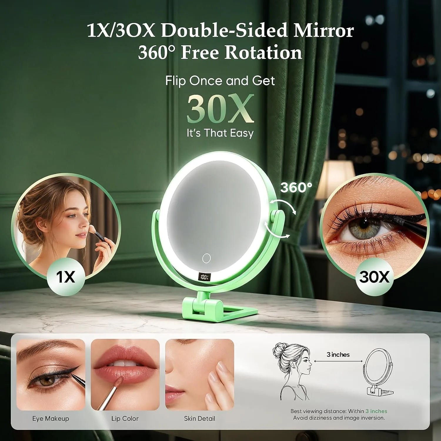 1X/30X Makeup Mirror with Lights, Magnifying Mirror (Mint Green)