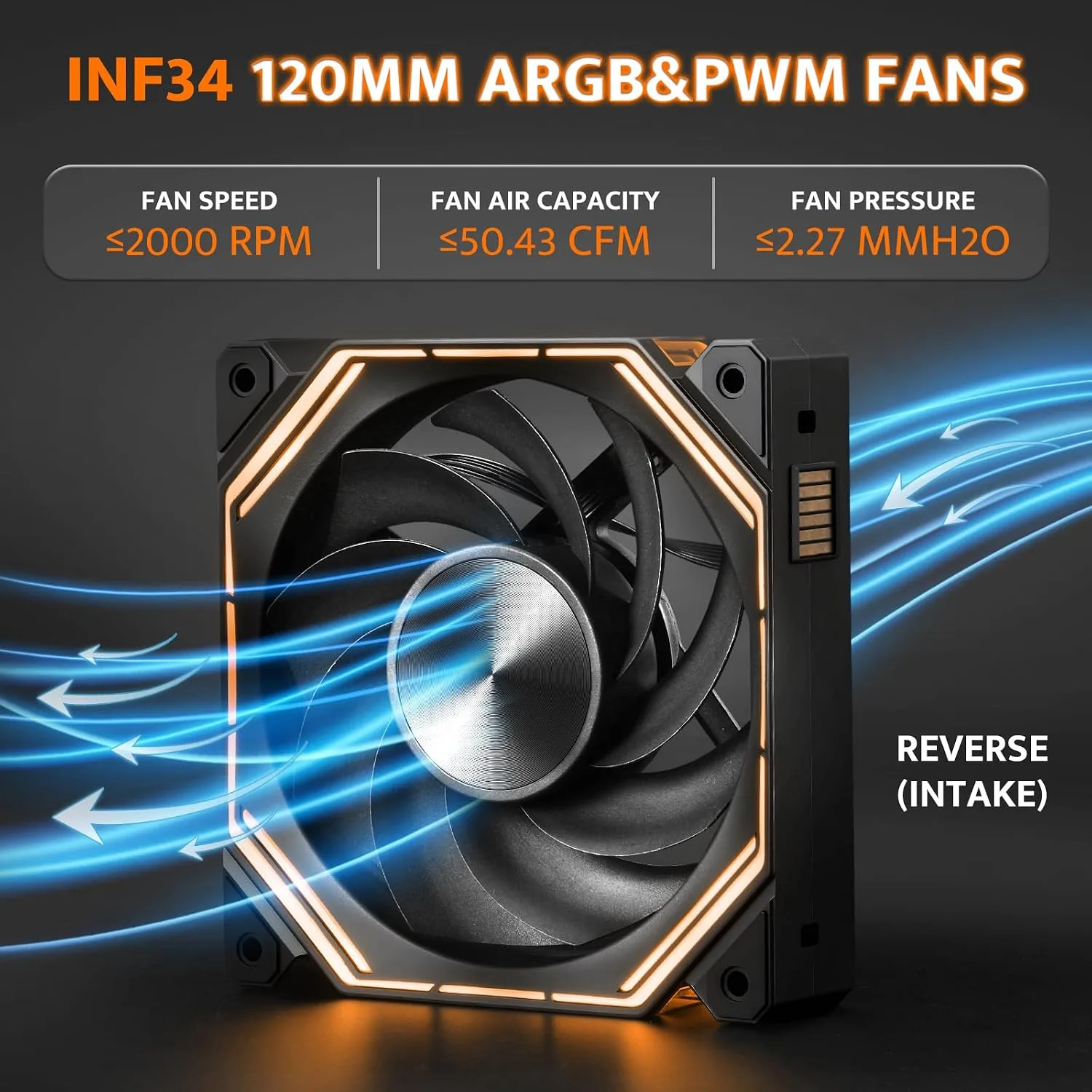 darkFlash INF34 120MM PC Case Fan, Daisy-Chain, up to 2000RPM Cooling, 4-Pin PWM, ARGB CPU Cooling Computer Fan, 3 Pack (Reversed, Black)