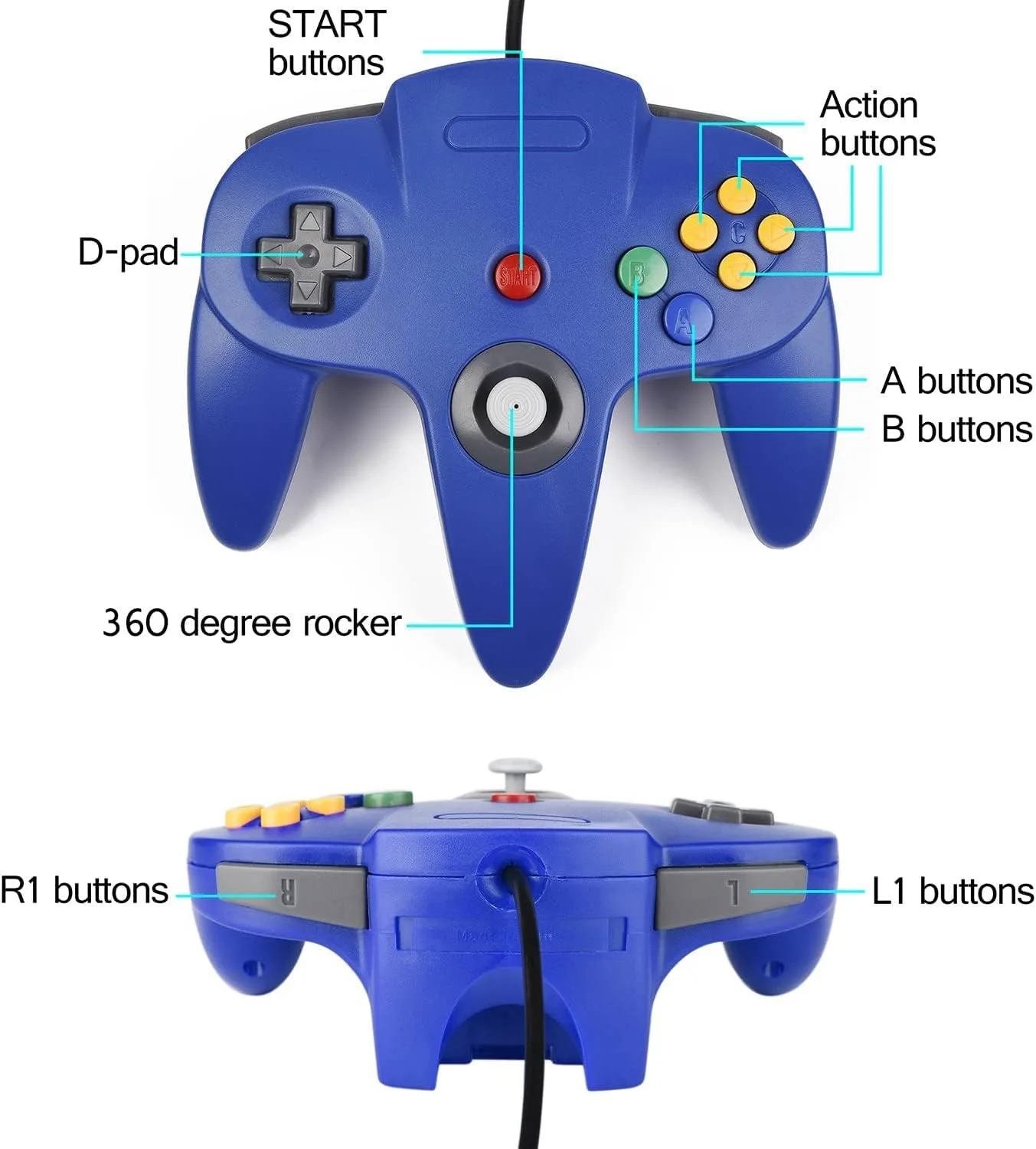 2 Pack Classic N64 Controller, miadore N64 Wired USB PC Game pad Joystick, N64 Bit USB Wired Game Stick Joy pad Controller for Windows PC MAC Linux Raspberry Pi 3 Sega Genesis (Clear Green/Blue)