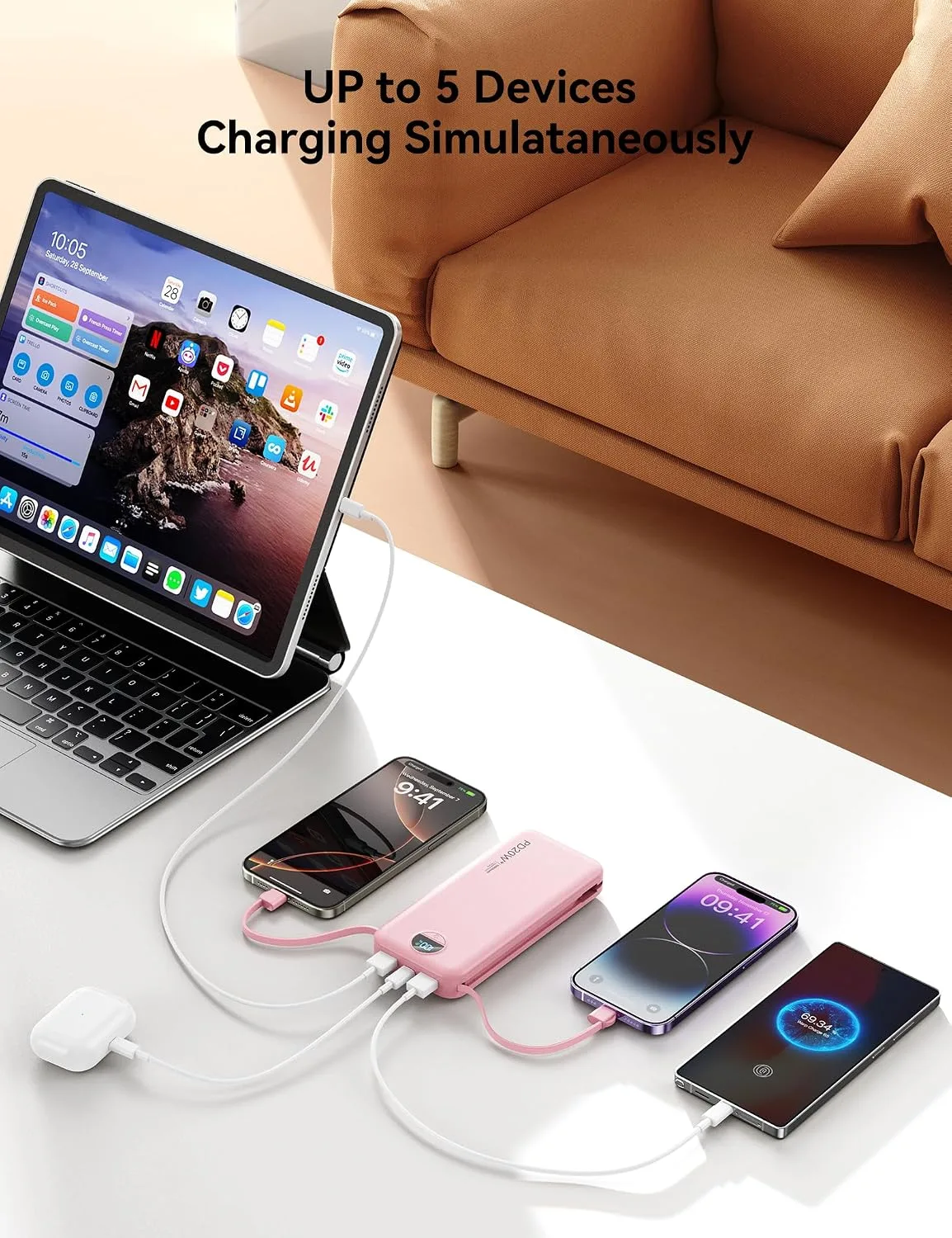Portable Charger Power Bank 10000mAh with Built in Cables & Wall Plug