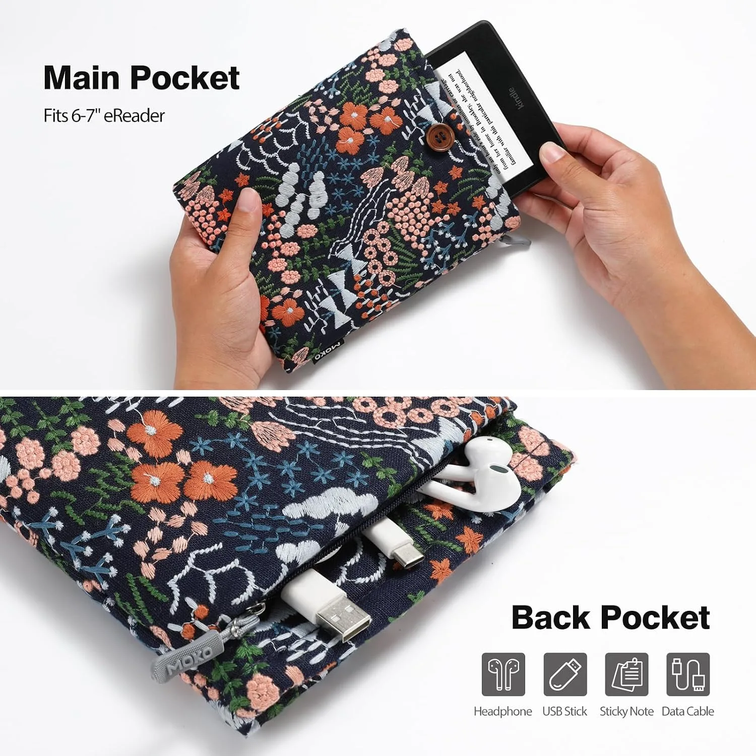 MoKo 6-7 Inch Embroidered Daisy Padded E-Reader Sleeve Zippered Bag with Back Pouch for Most 6/6.8/7 inch E-Reader, 6" Nook Glowligt 4, 6" Kobo Clara BW/Clara Colour, Indigo Flower