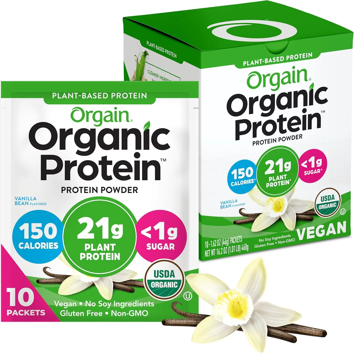 Orgain Organic Vegan 21g Protein Powder, Vanilla Bean, 10 Travel Packs