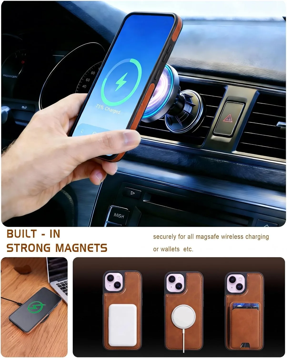 Magnetic Detachable Wallet Case for iPhone 15/14 Plus with Kickstand,2-in-1 MagSafe Compatible RFID Blocking Card Holder,Slim PU Leather Cover Brown