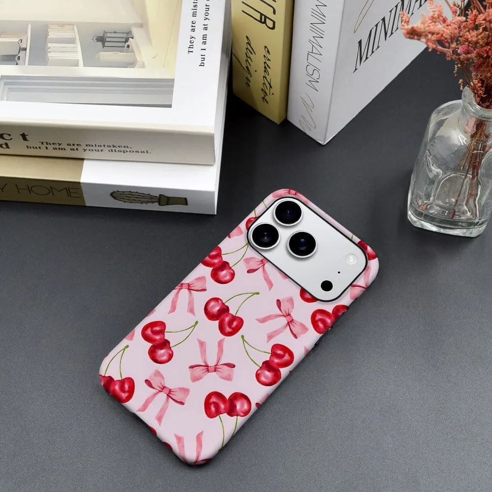 Case Compatible with iPhone 18 Pro/iPhone 17 Pro,Fall Prevention Hybrid 2-Layer Hard Shell Phone Cover for Girls Boys,Pink Bow Cherry Ribbon Fruit
