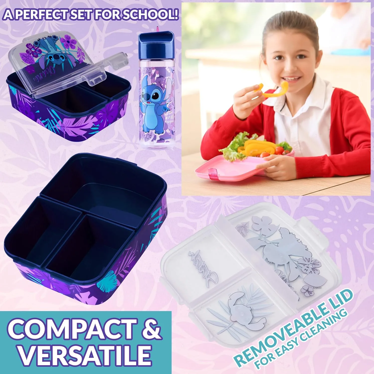 Disney Stitch Kids Lunch Box with Compartments and Water Bottle for School (Blue/Purple)
